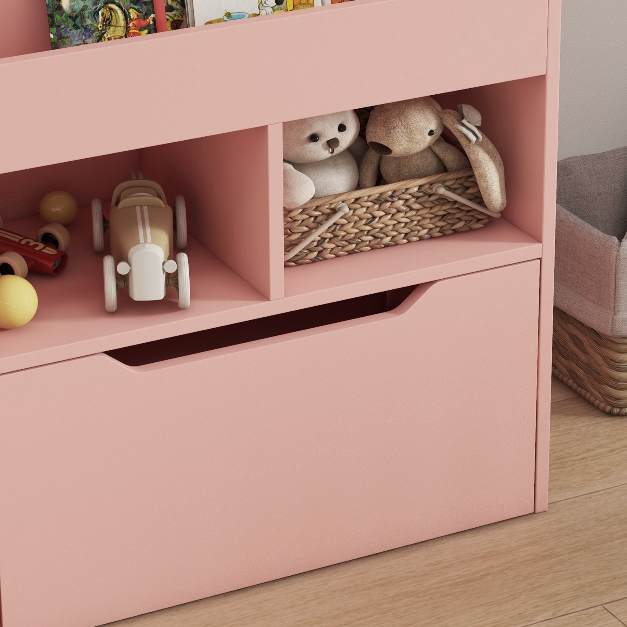Estante de Madeira para Brinquedos com 3 Compartimentos 2 Prateleiras e Gaveta Móvel 60x29,9x90 cm - Rosa