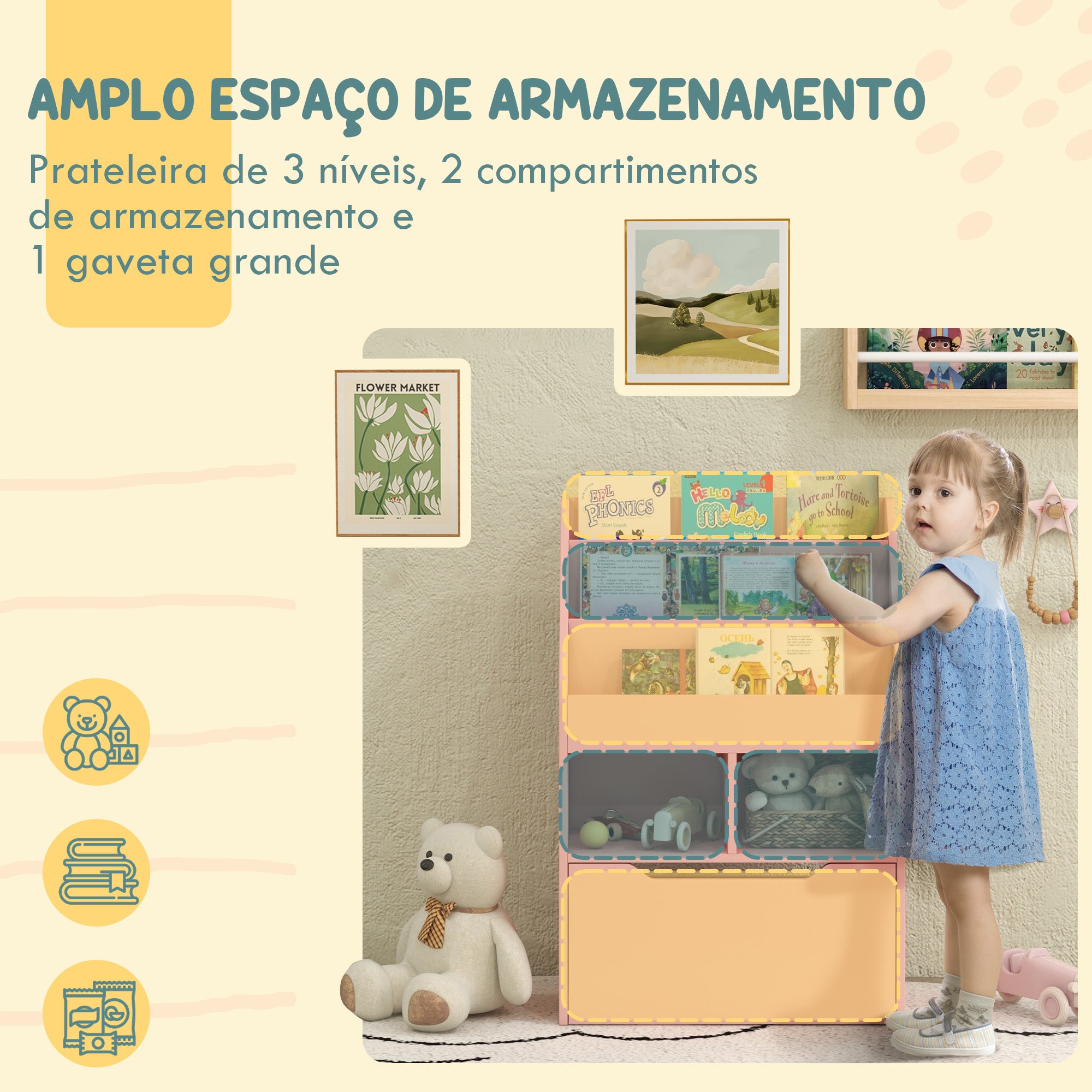 Estante de Madeira para Brinquedos com 3 Compartimentos 2 Prateleiras e Gaveta Móvel 60x29,9x90 cm - Rosa