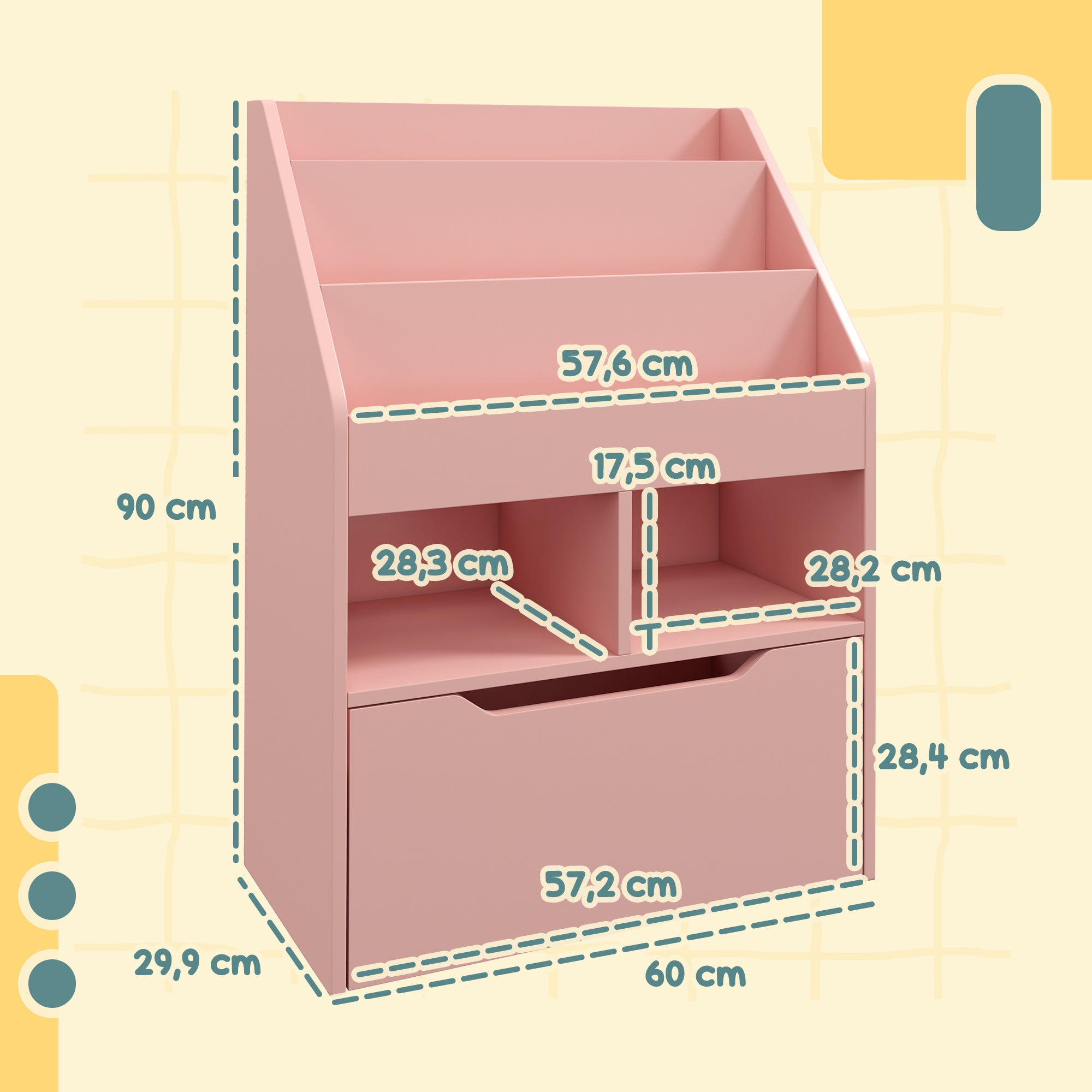 Estante de Madeira para Brinquedos com 3 Compartimentos 2 Prateleiras e Gaveta Móvel 60x29,9x90 cm - Rosa