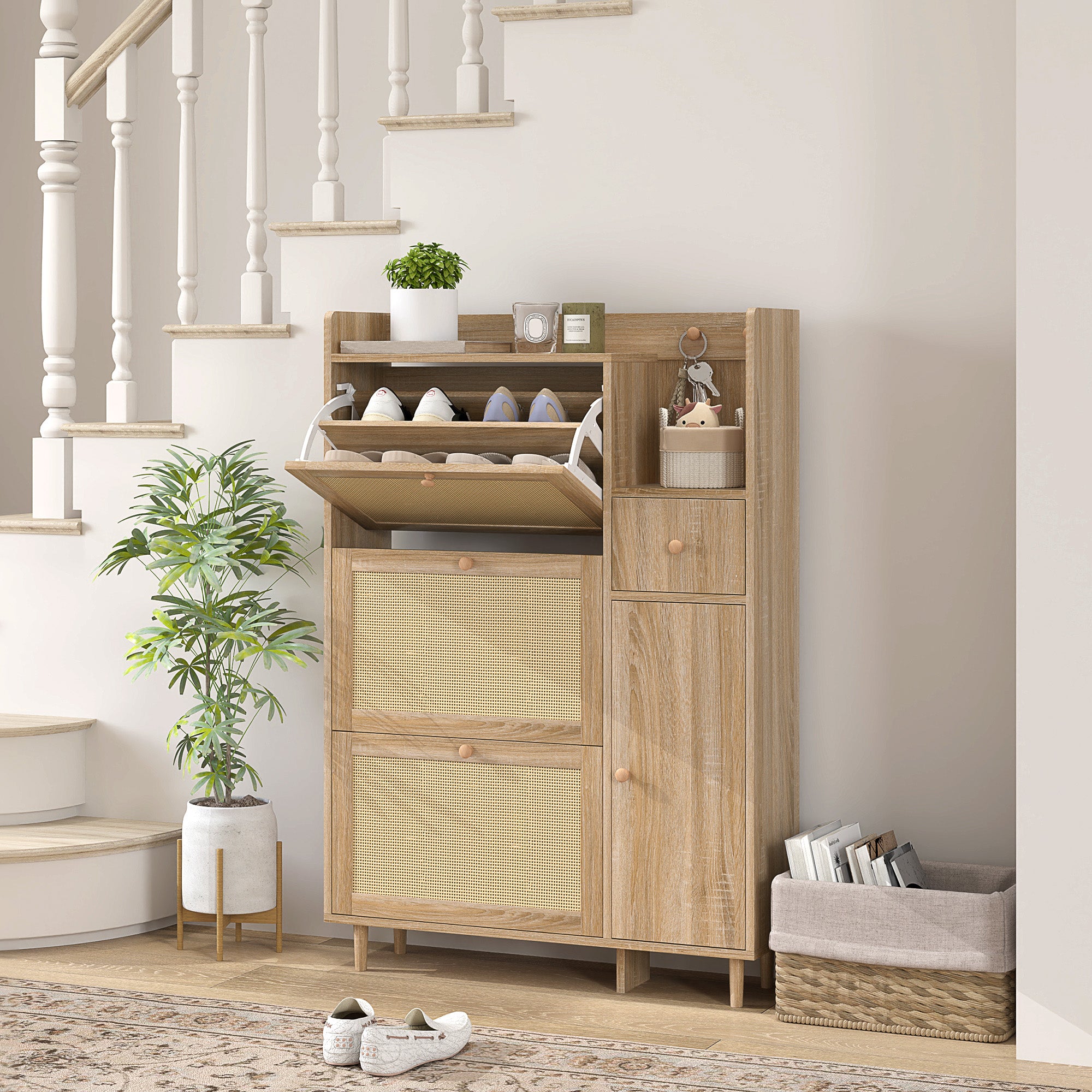 Sapateira Estreita com 3 Gavetas - 80x23x120 cm - Cor de Madeira Natural - Vime