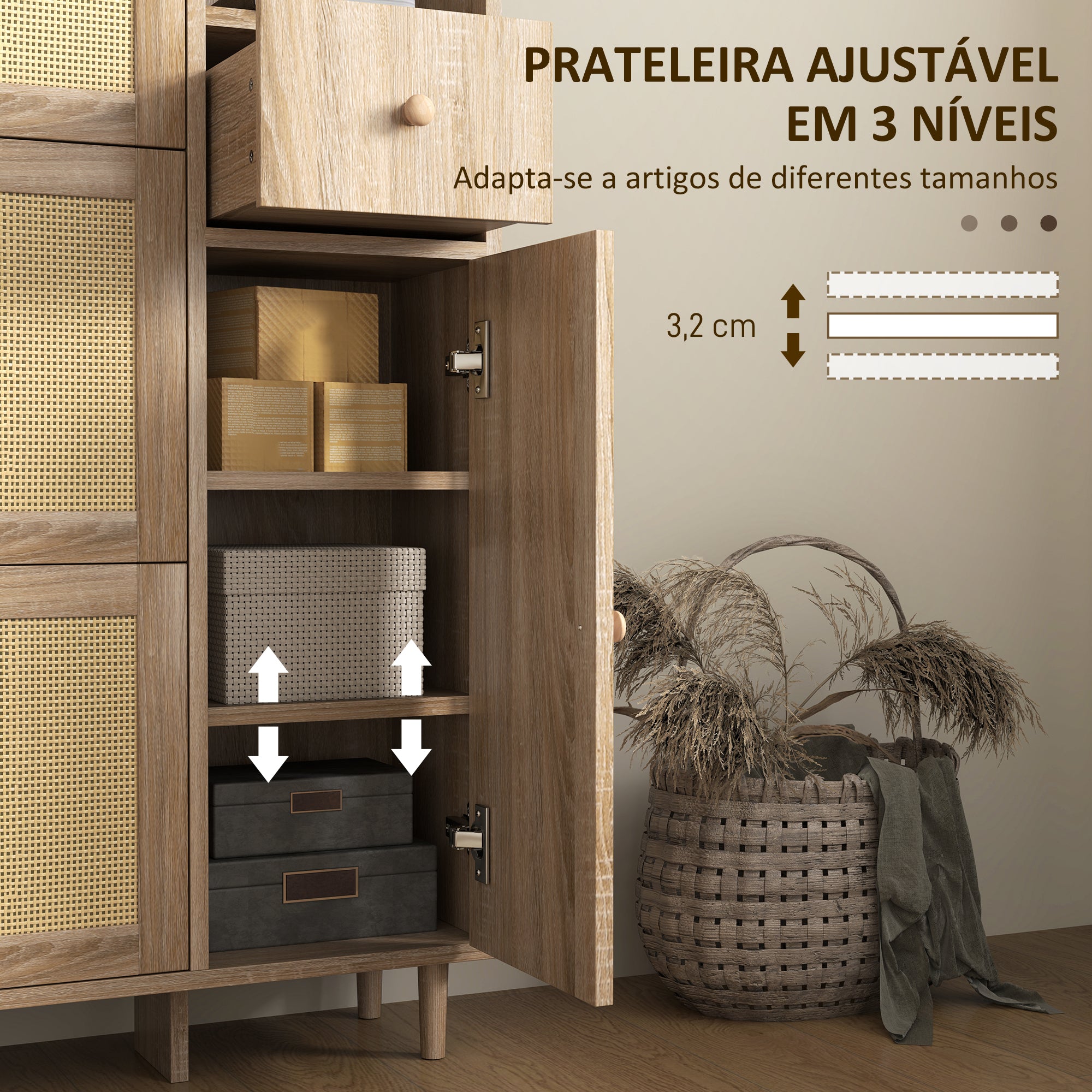 Sapateira Estreita com 3 Gavetas - 80x23x120 cm - Cor de Madeira Natural - Vime