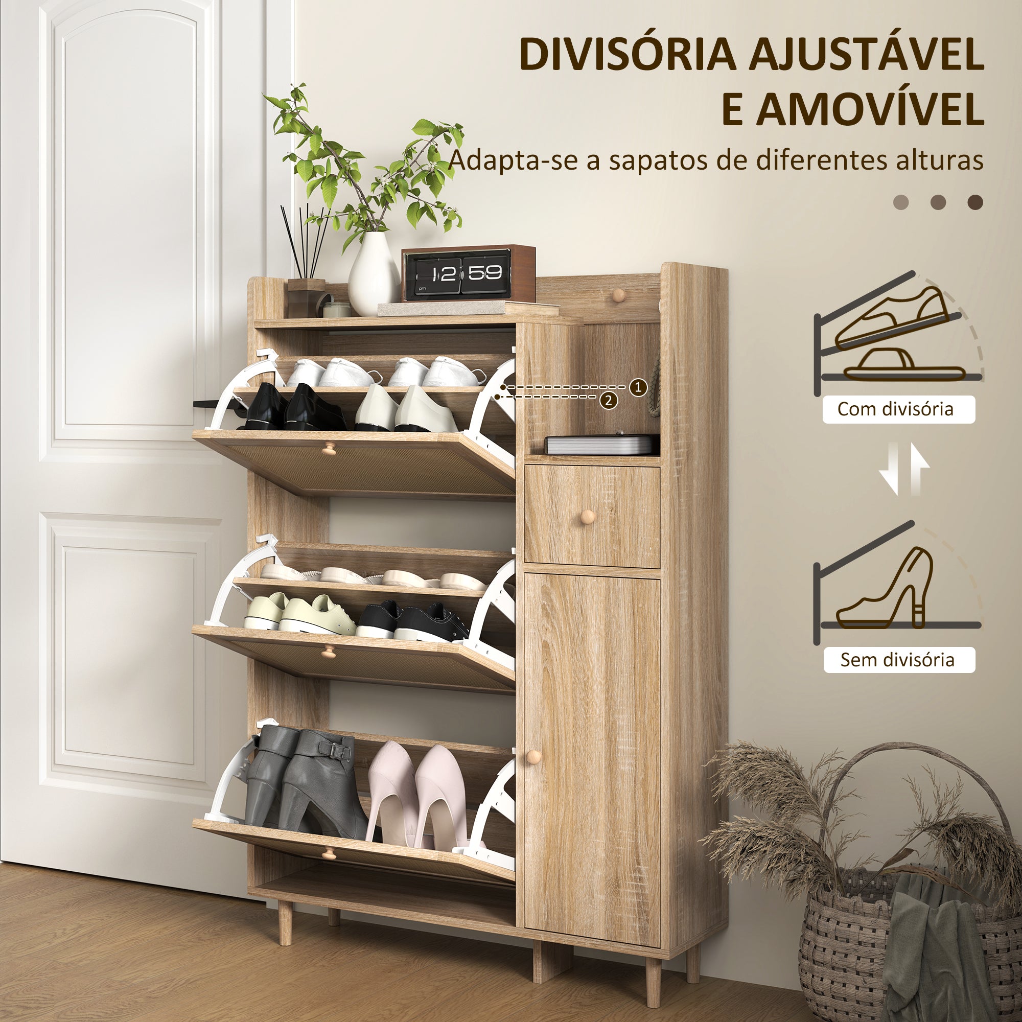 Sapateira Estreita com 3 Gavetas - 80x23x120 cm - Cor de Madeira Natural - Vime