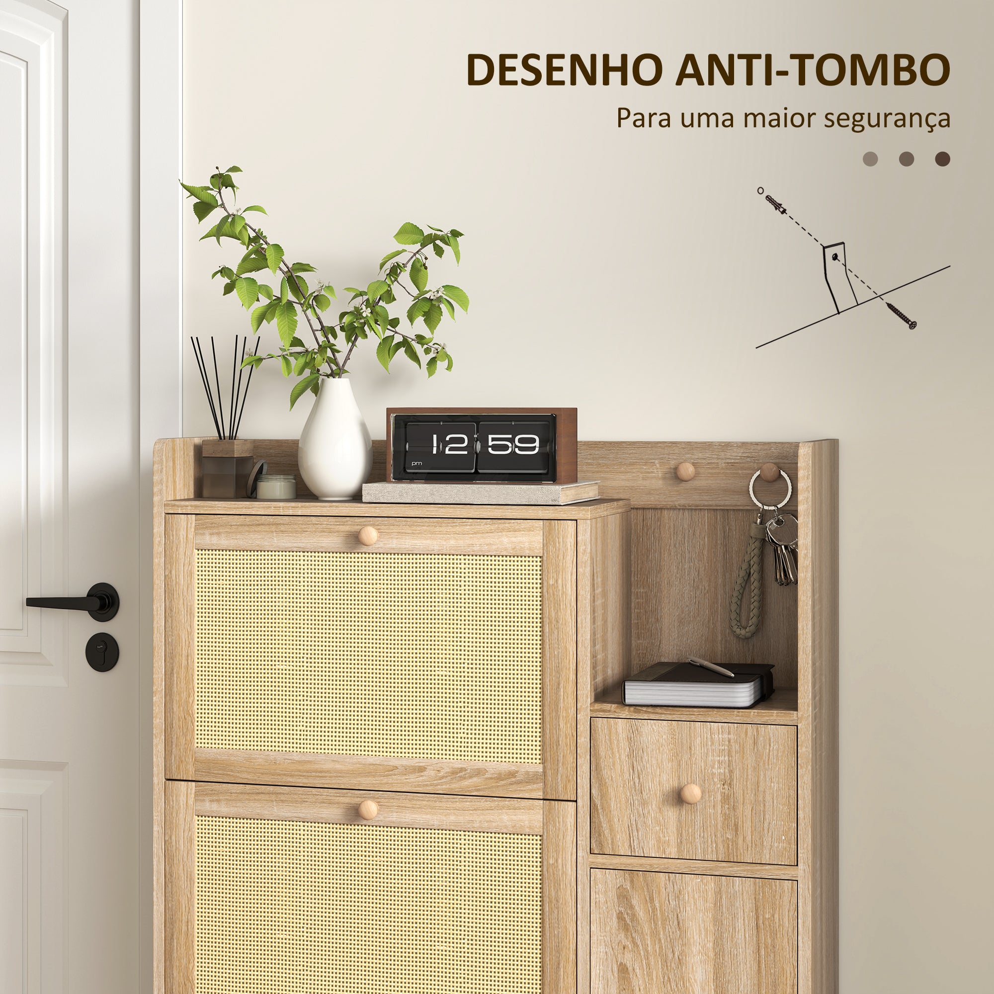 Sapateira Estreita com 3 Gavetas - 80x23x120 cm - Cor de Madeira Natural - Vime