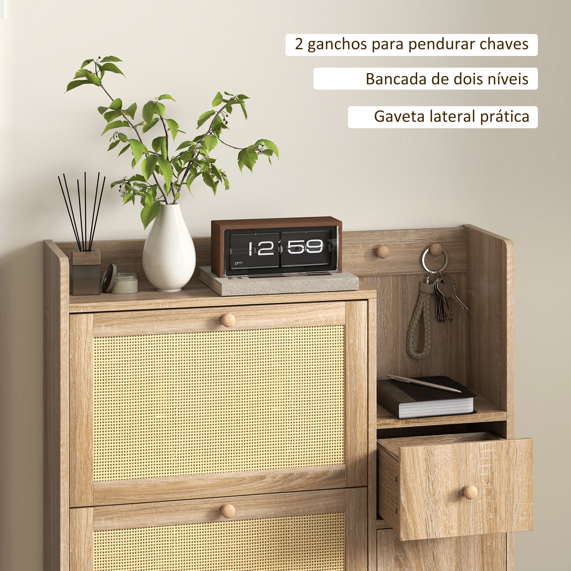 Sapateira Estreita com 3 Gavetas - 80x23x120 cm - Cor de Madeira Natural - Vime