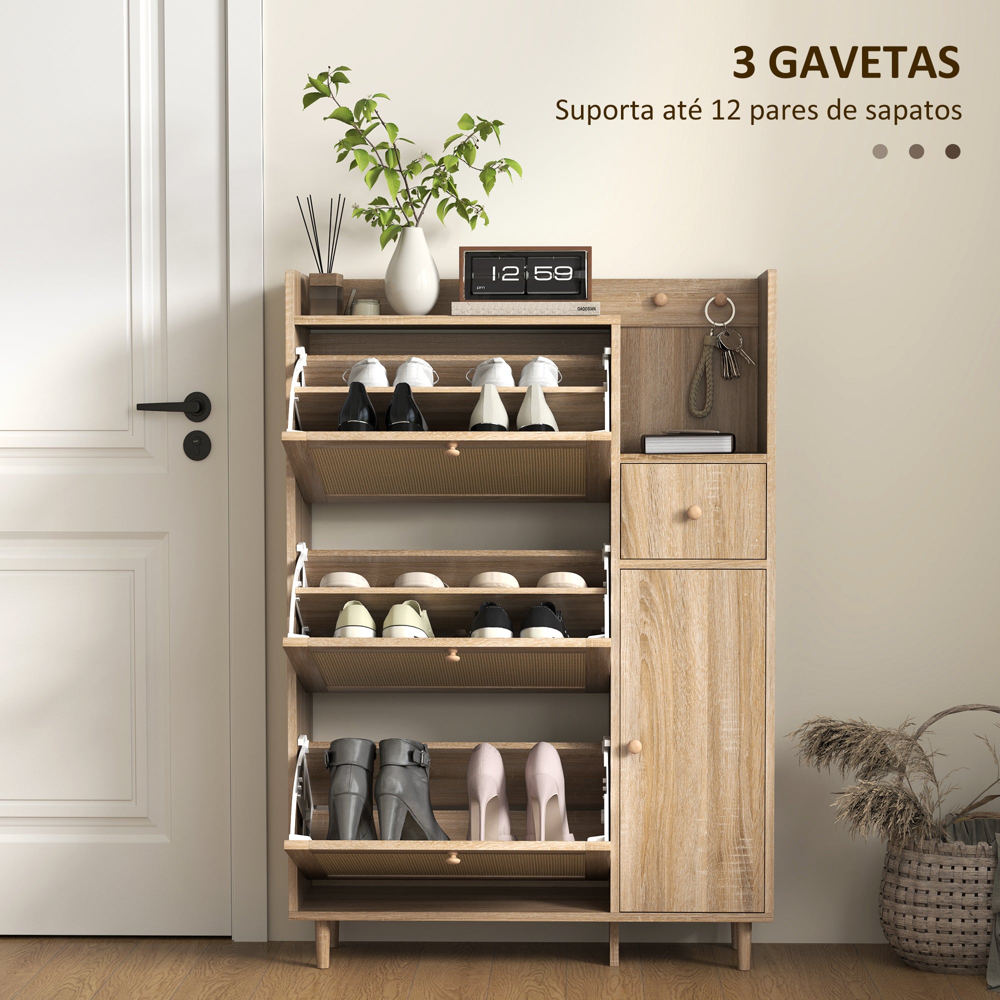 Sapateira Estreita com 3 Gavetas - 80x23x120 cm - Cor de Madeira Natural - Vime