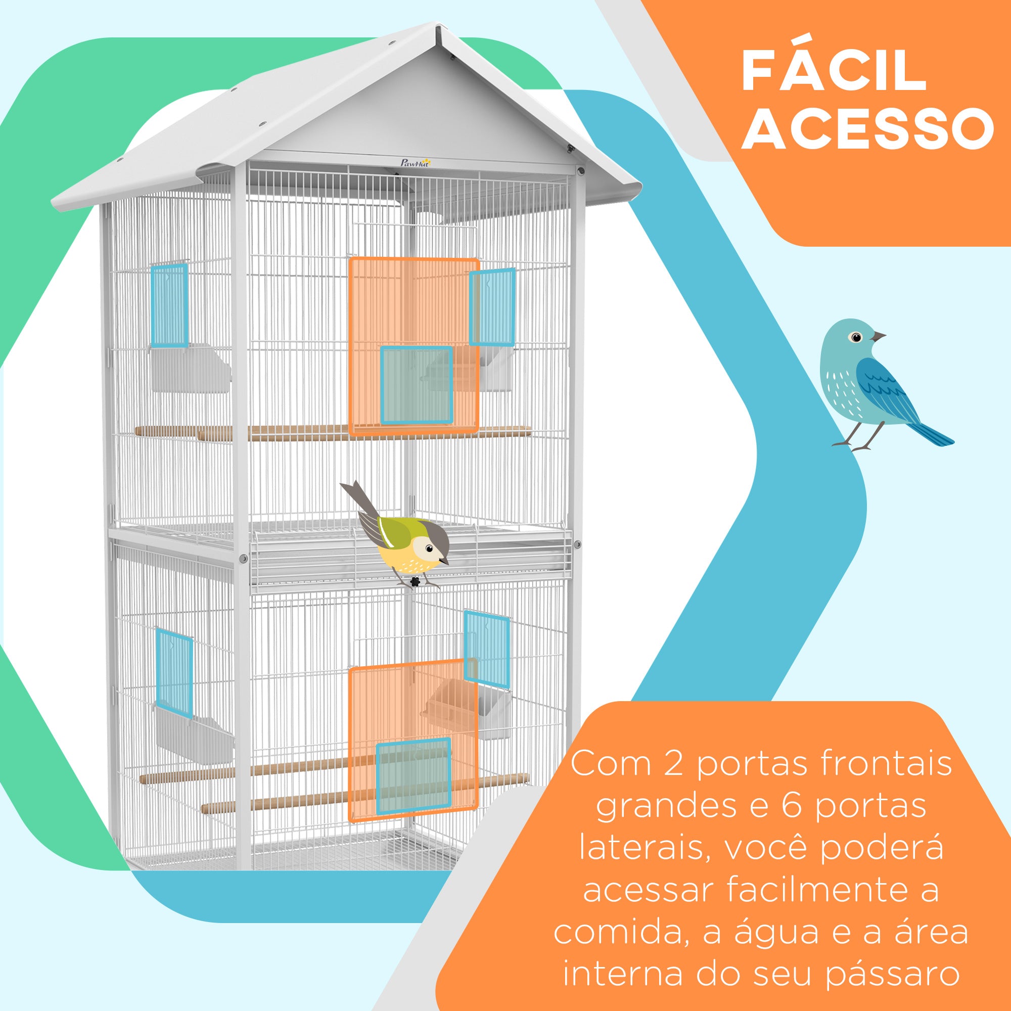 Gaiola para Pássaros 2 em 1 com Rodas – 78x75x168 cm – Branco – Aço e Madeira