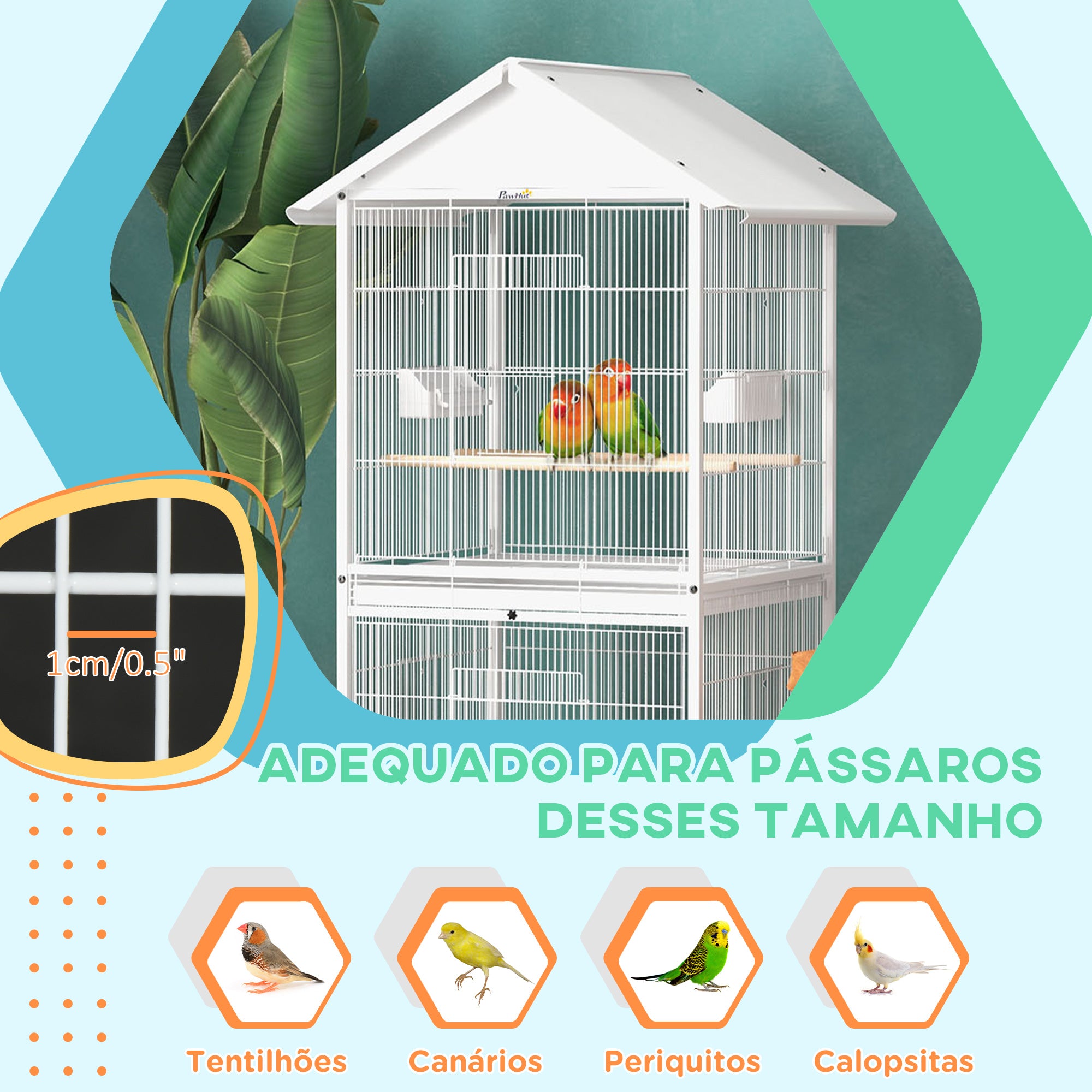 Gaiola para Pássaros 2 em 1 com Rodas – 78x75x168 cm – Branco – Aço e Madeira