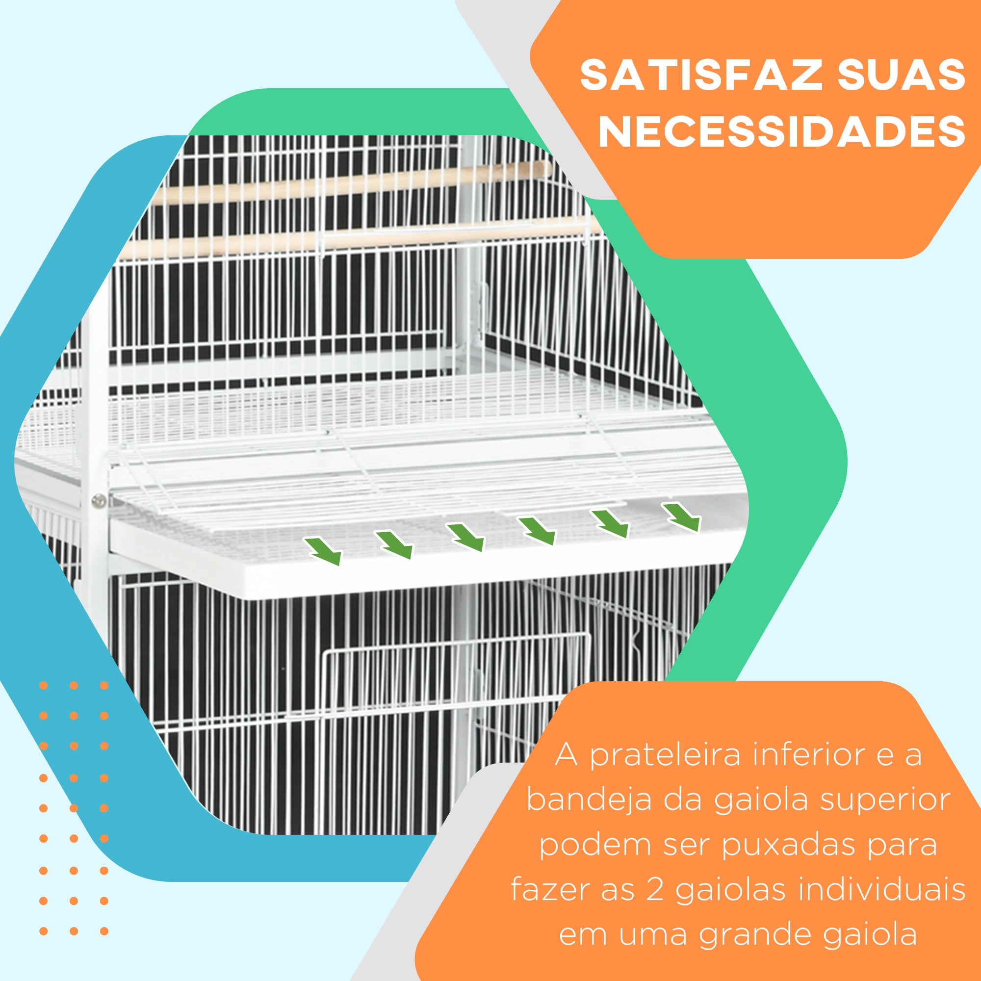 Gaiola para Pássaros 2 em 1 com Rodas – 78x75x168 cm – Branco – Aço e Madeira