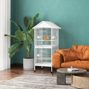 Gaiola para Pássaros 2 em 1 com Rodas – 78x75x168 cm – Branco – Aço e Madeira