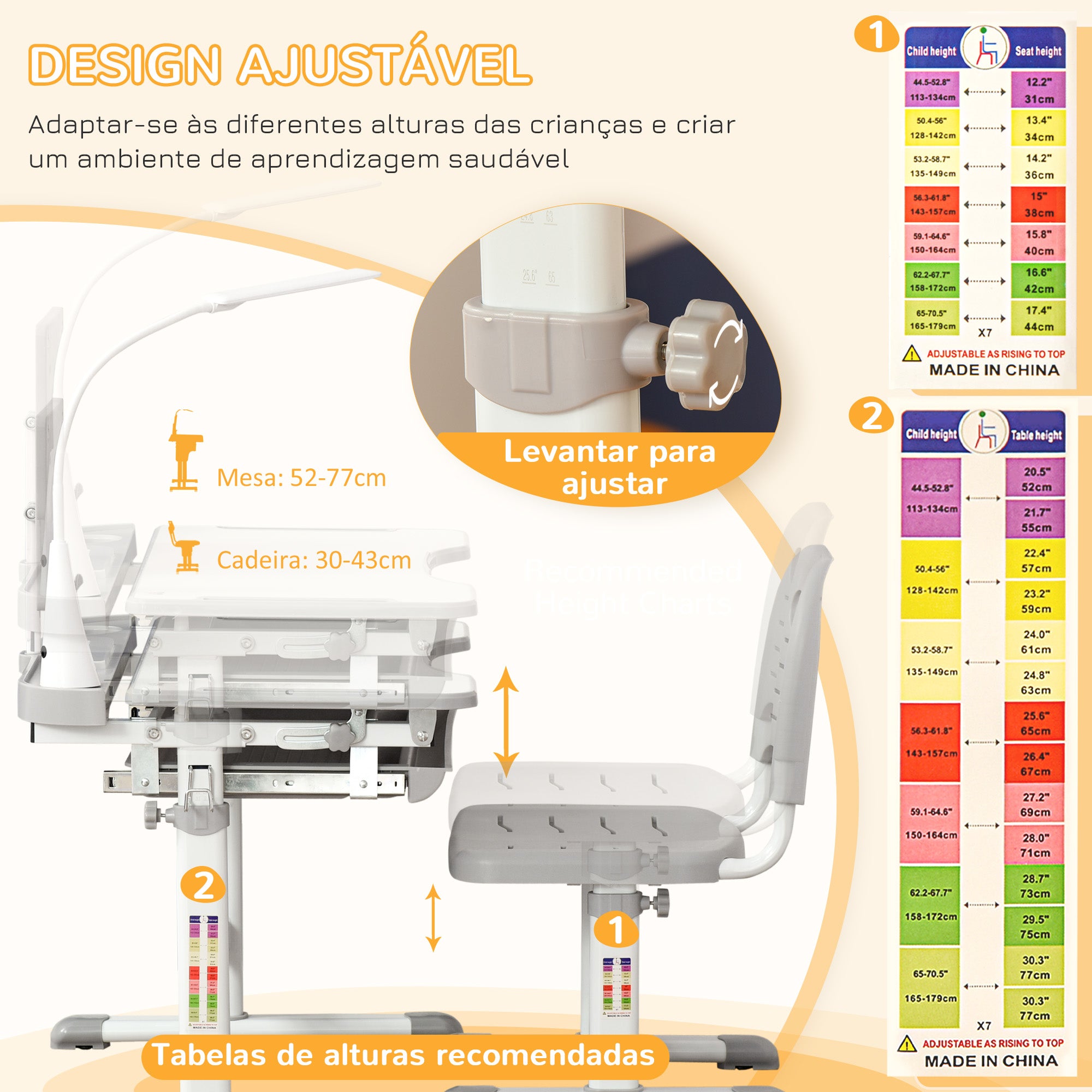 Secretária e Mesa Infantil Cinzenta com Altura Ajustável 70x50x80-105 cm