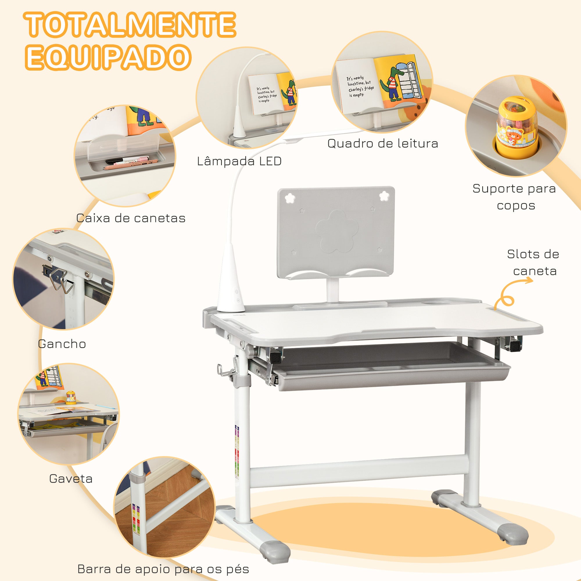 Secretária e Mesa Infantil Cinzenta com Altura Ajustável 70x50x80-105 cm