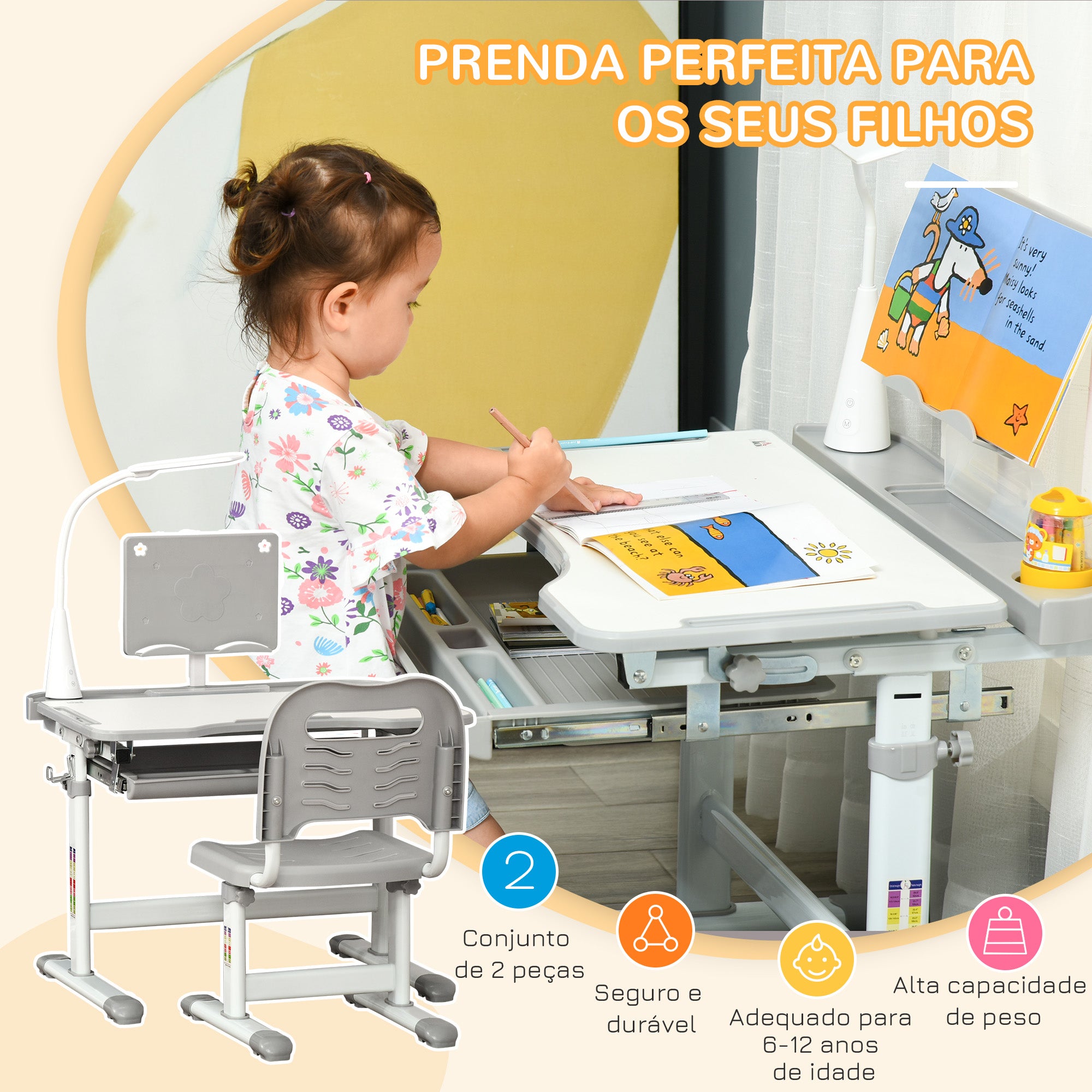 Secretária e Mesa Infantil Cinzenta com Altura Ajustável 70x50x80-105 cm