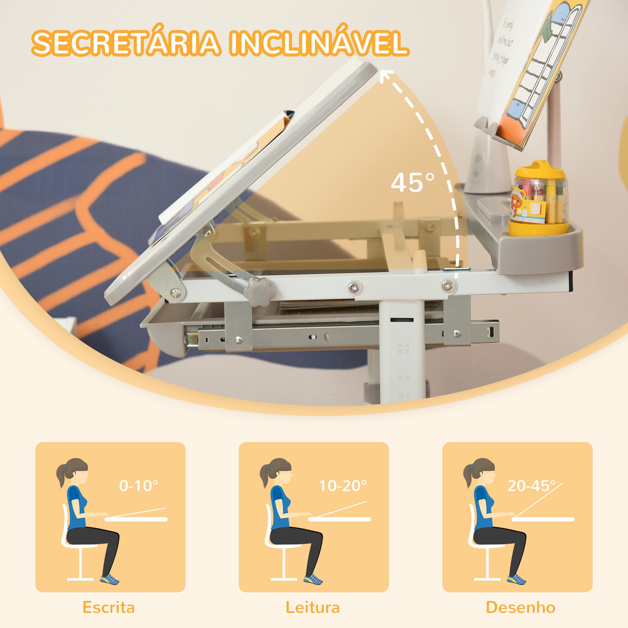 Secretária e Mesa Infantil Cinzenta com Altura Ajustável 70x50x80-105 cm