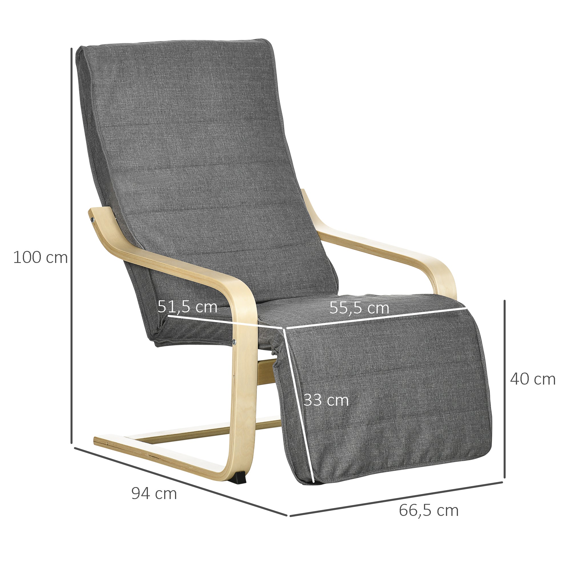 Poltrona Relax – 66,5x94x100 cm – Cinza – Madeira de Bétula