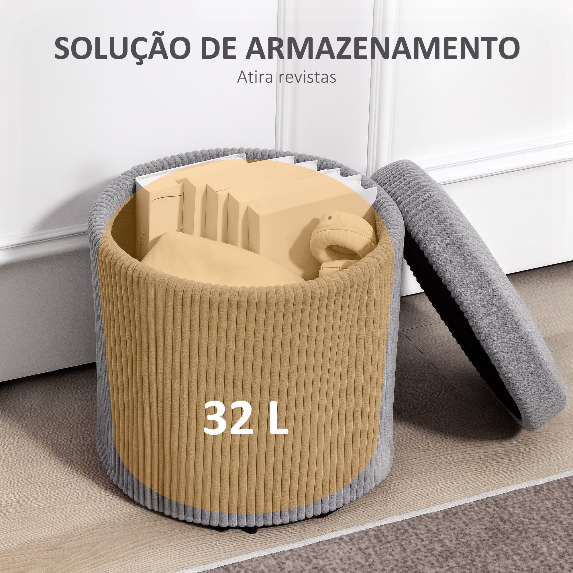Puff Redondo de Veludo Cotelê Cinza Claro Ø40x41 cm