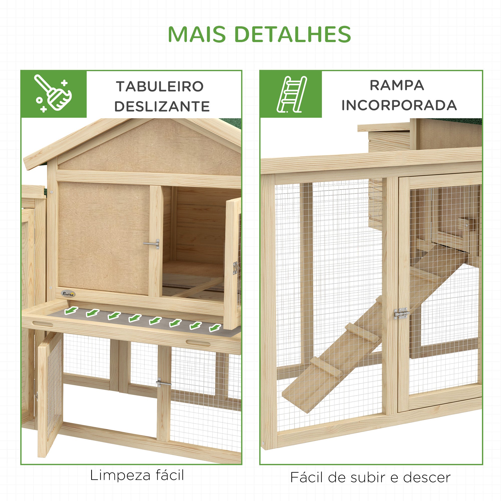 Galinheiro Grande de Madeira 204x85x93 cm - Cor Madeira Natural e Verde