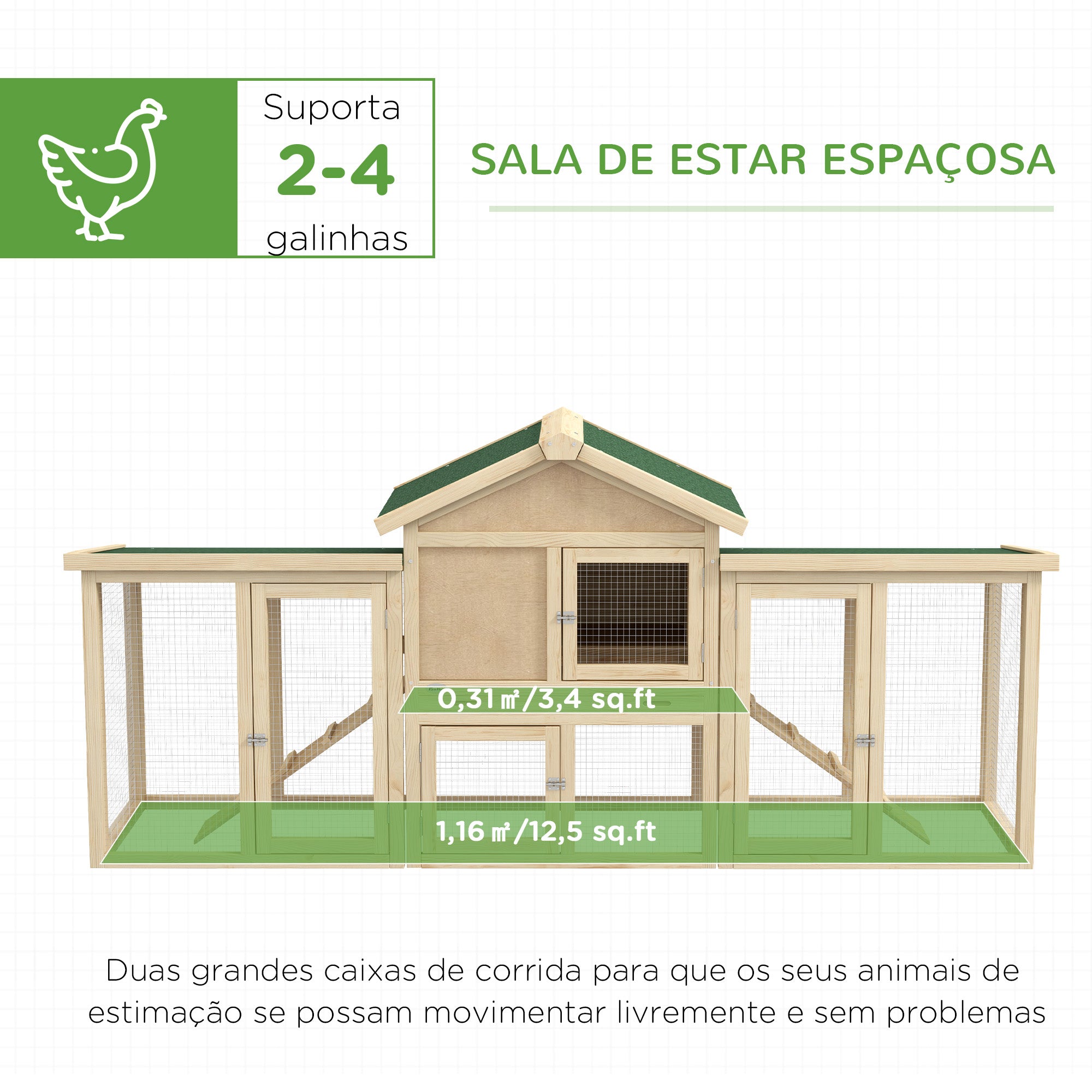 Galinheiro Grande de Madeira 204x85x93 cm - Cor Madeira Natural e Verde