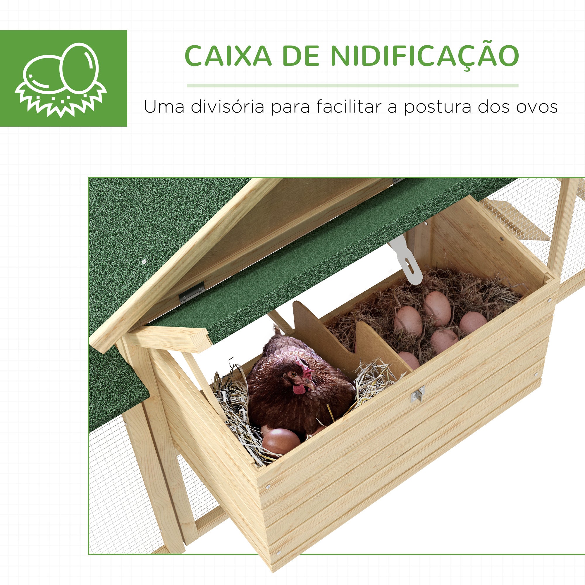 Galinheiro Grande de Madeira 204x85x93 cm - Cor Madeira Natural e Verde