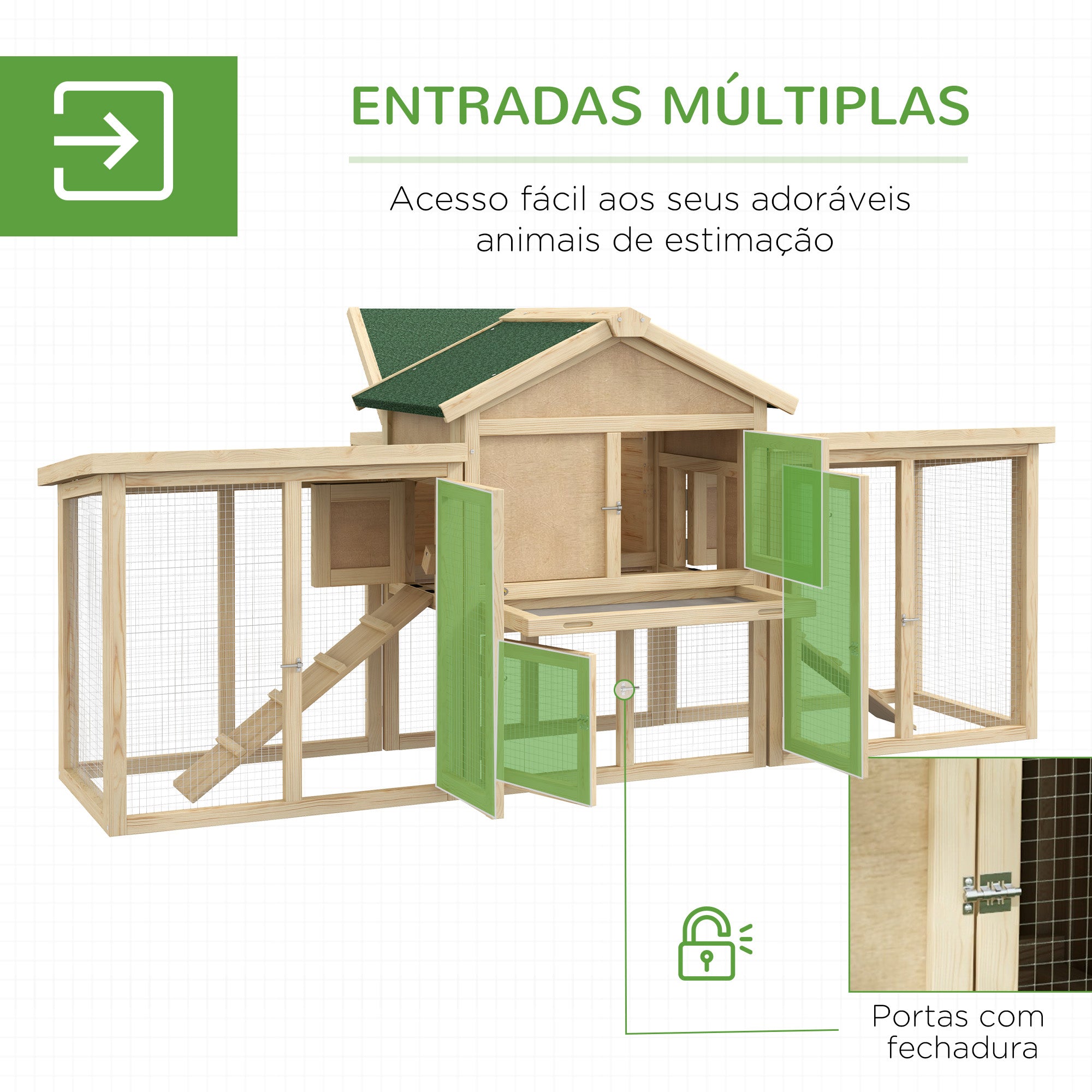 Galinheiro Grande de Madeira 204x85x93 cm - Cor Madeira Natural e Verde