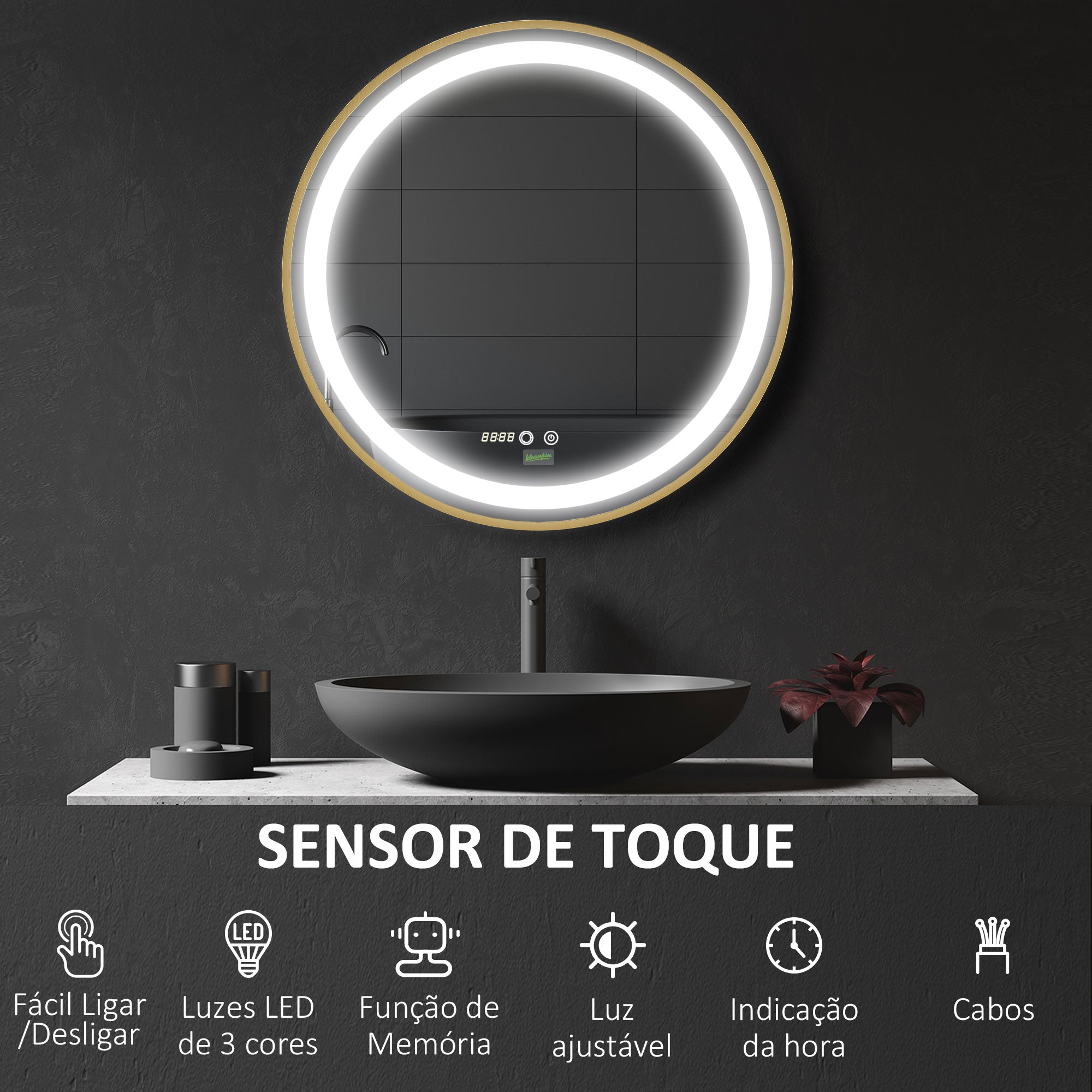 Espelho de Casa de Banho com Luz LED – Ø60x4cm – Ouro – Alumínio e Vidro