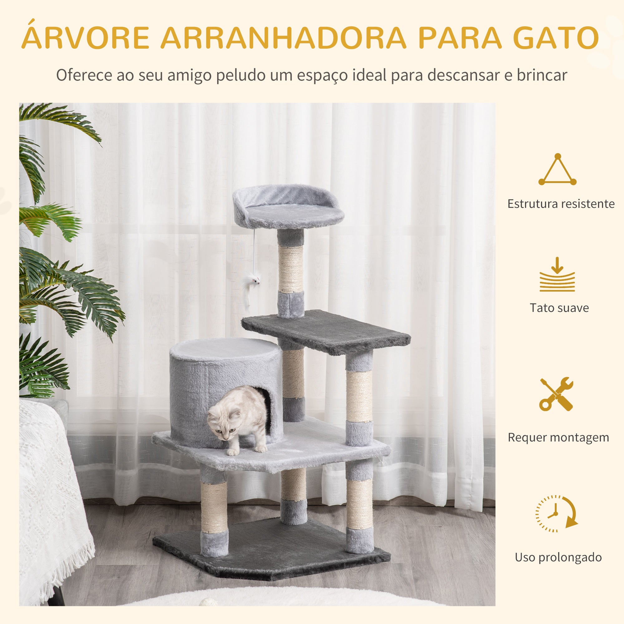 Árvore para Gatos Arranhador Grande Cinzento 48x48x100 cm