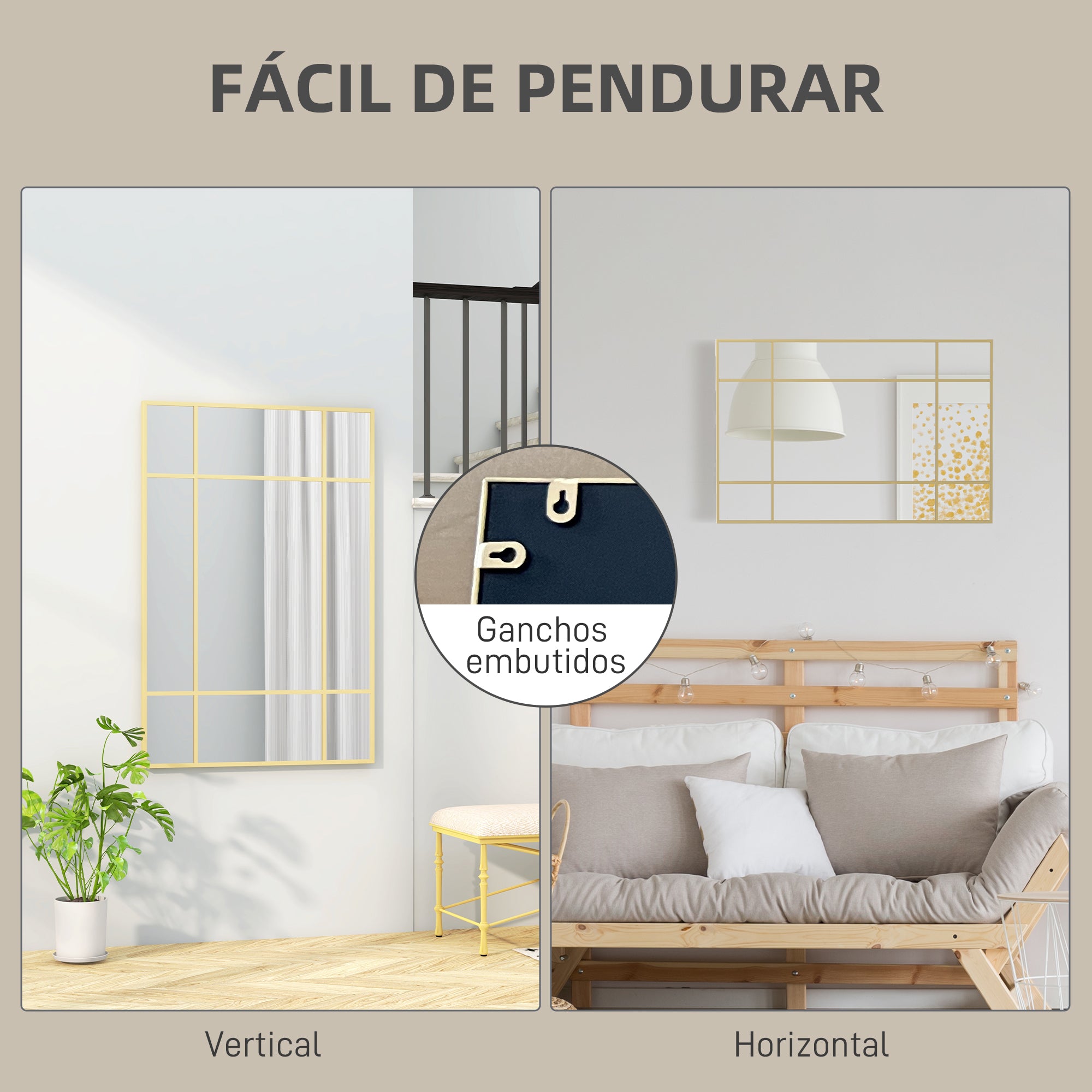 Espelho Decorativo Estilo Janela 90x60 cm - Cor Ouro