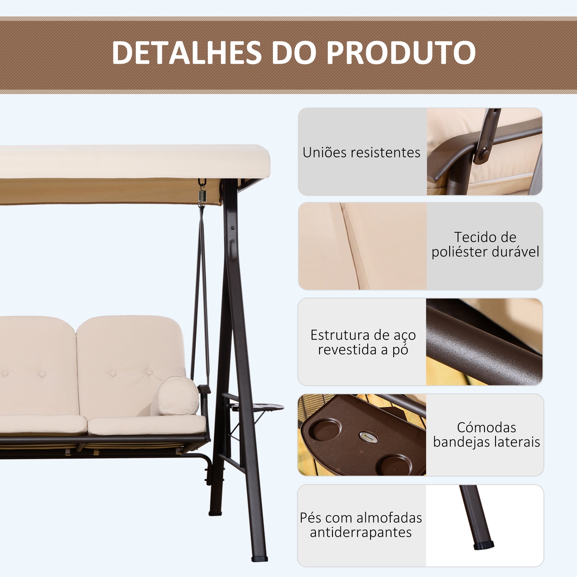 Banco Baloiço de Jardim 3 Lugares Bege 207x120,5x174cm