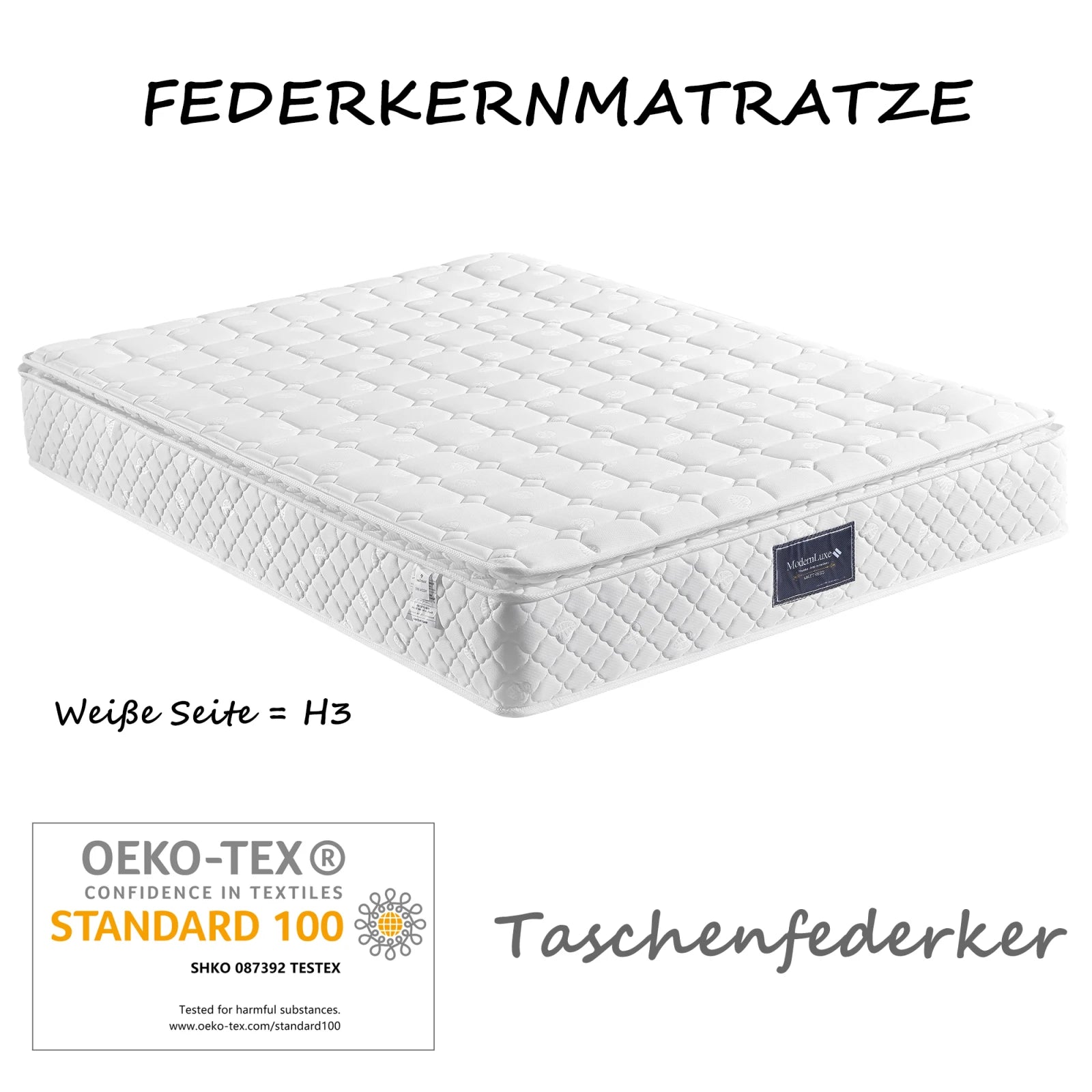 Colchão de Molas Ensacadas Rosahqnda – 160x200 cm – Certificado Oeko-Tex – 7 Zonas Ergonómicas – Altura 25 cm – Branco