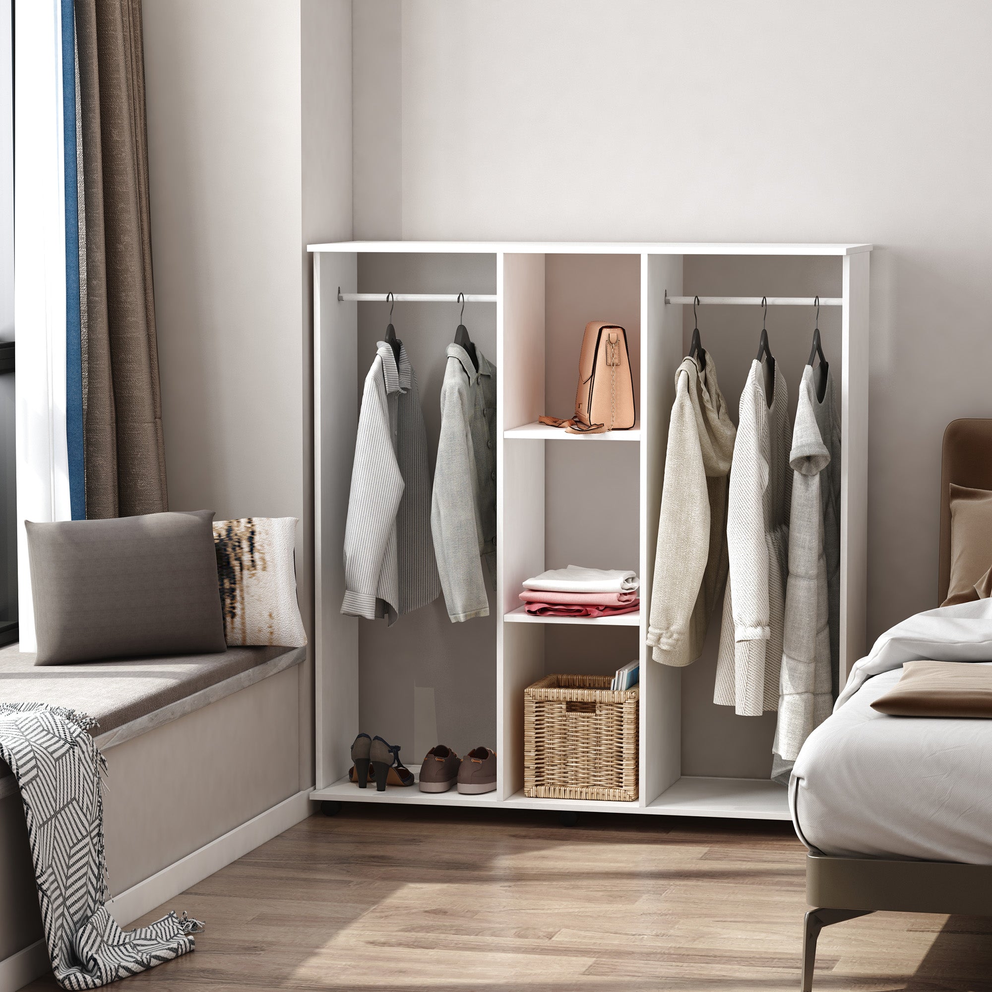 Roupeiro Aberto com 2 Barras e 3 Prateleiras 120x40x128 cm - Branco