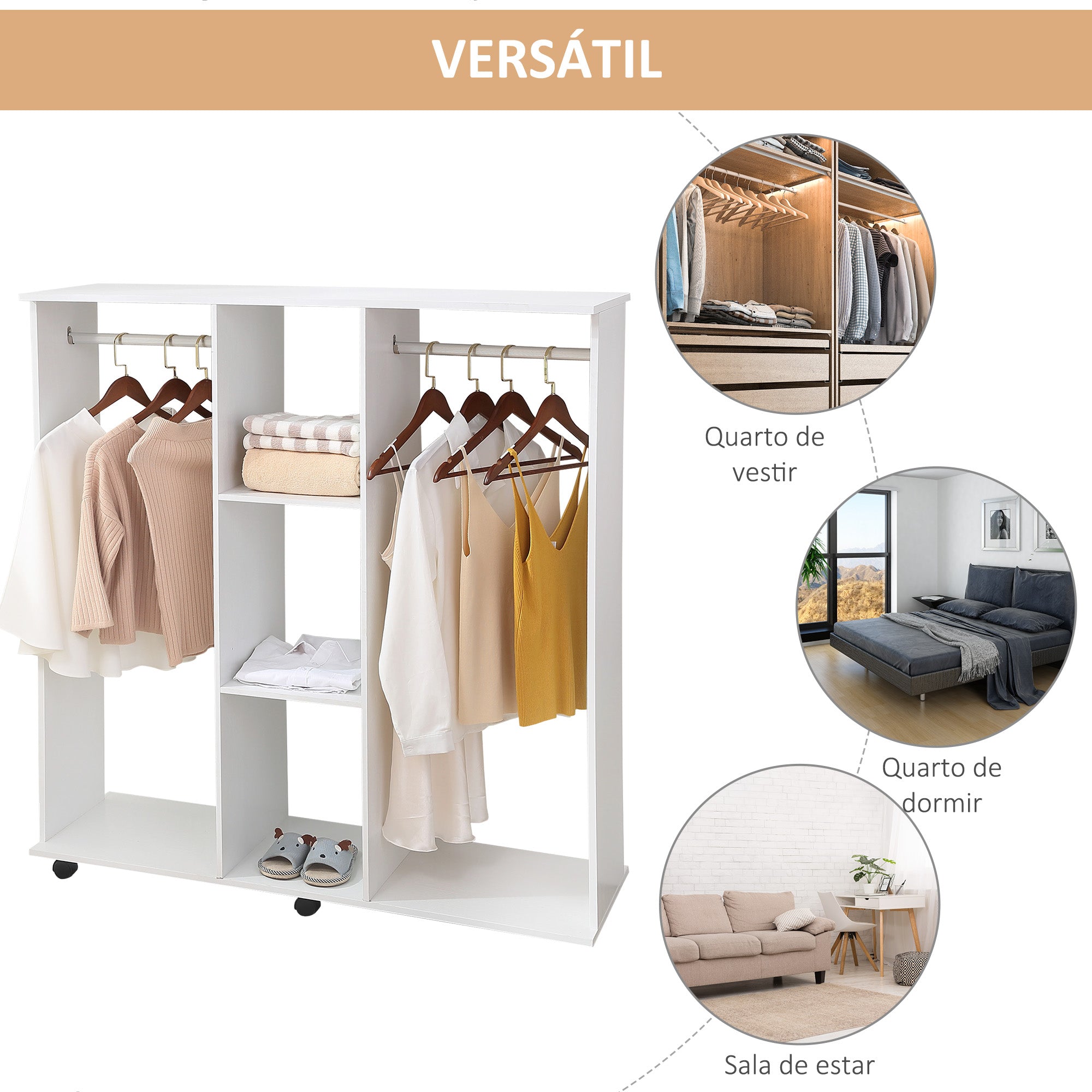 Roupeiro Aberto com 2 Barras e 3 Prateleiras 120x40x128 cm - Branco