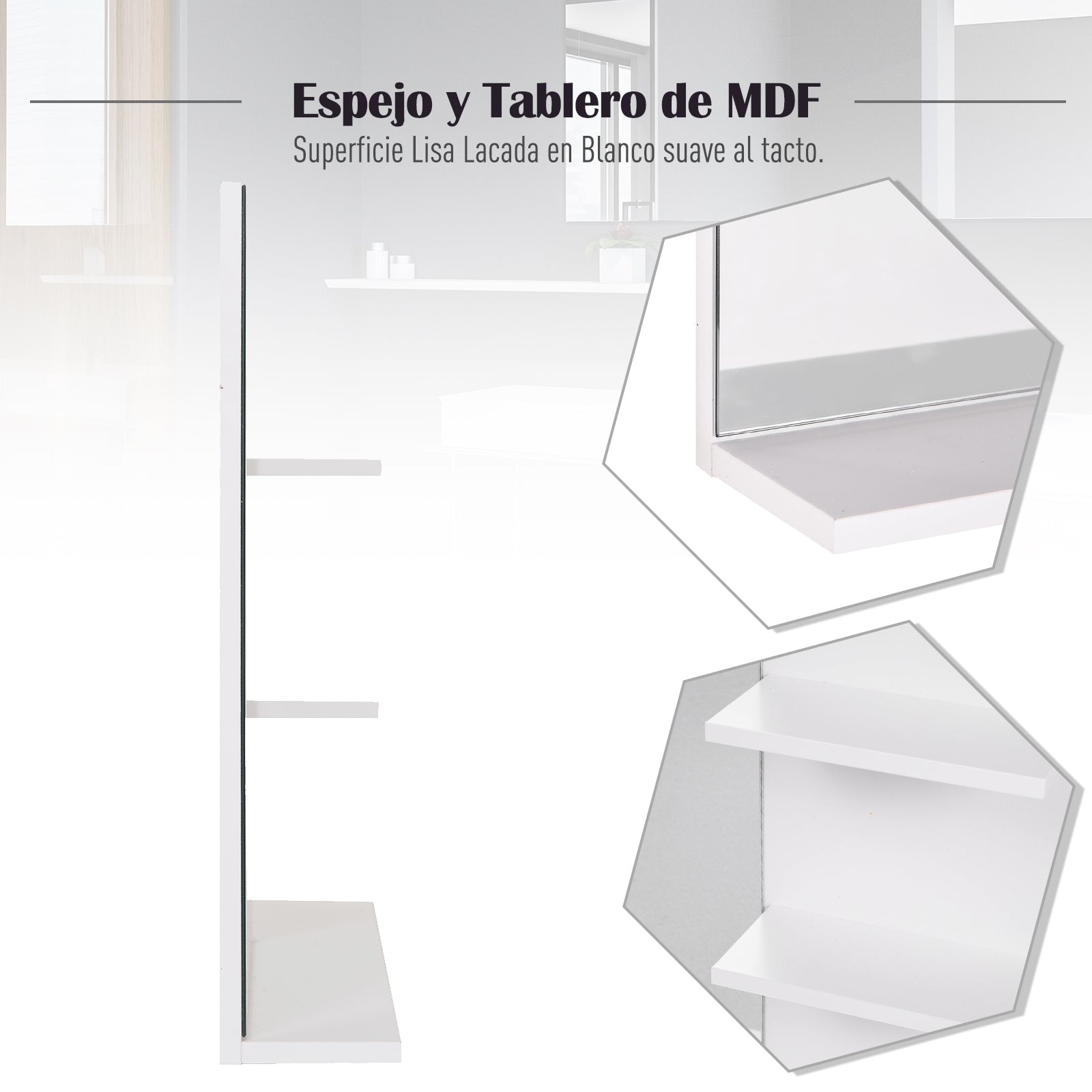 Espelho para Casa de Banho com Prateleiras 60x10x48cm Branco – MDF