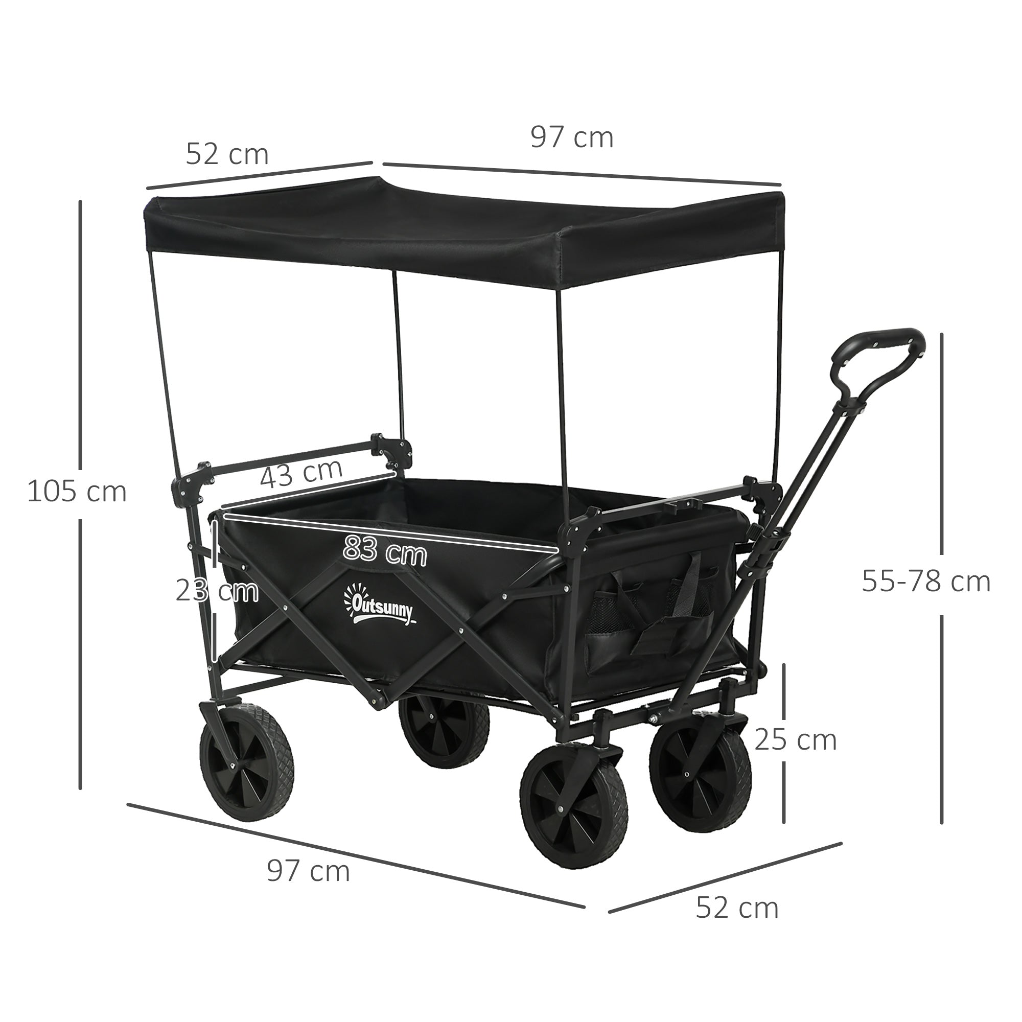 Carrinho de Transporte Dobrável Preto 97x52x105 cm com Toldo Removível