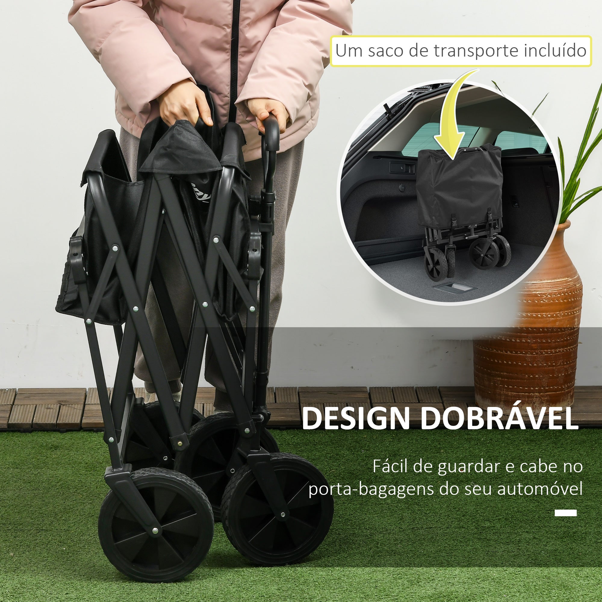 Carrinho de Transporte Dobrável Preto 97x52x105 cm com Toldo Removível