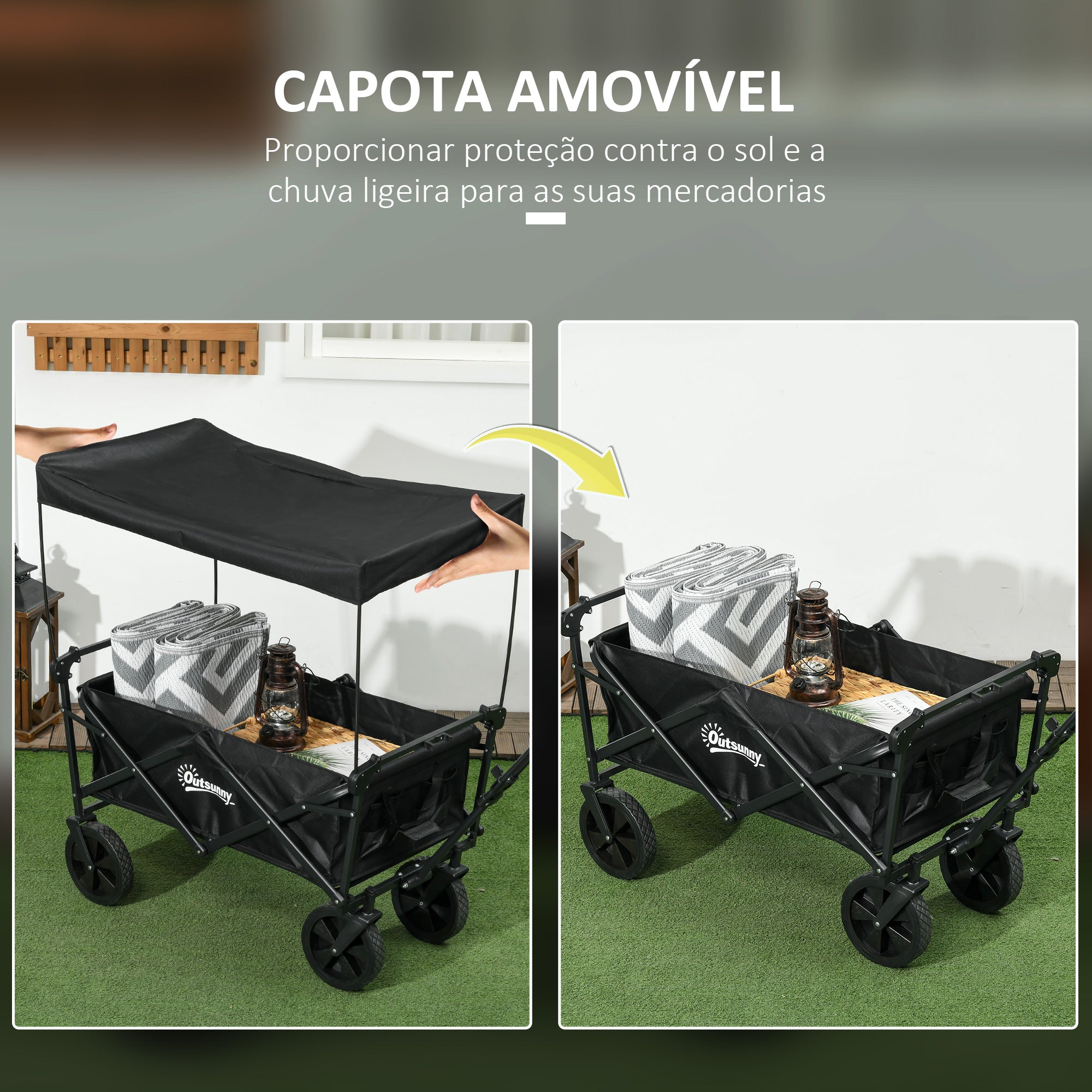 Carrinho de Transporte Dobrável Preto 97x52x105 cm com Toldo Removível
