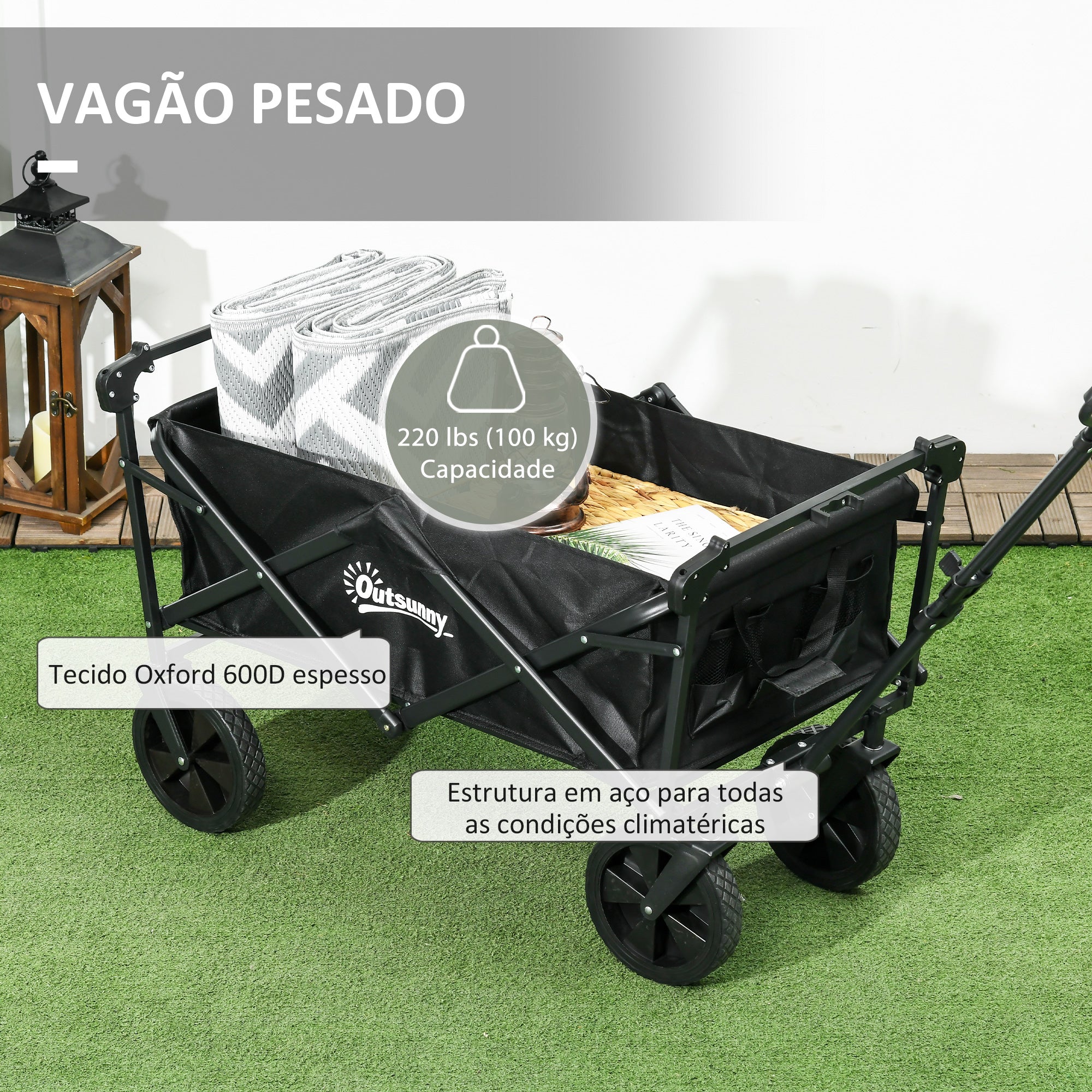 Carrinho de Transporte Dobrável Preto 97x52x105 cm com Toldo Removível