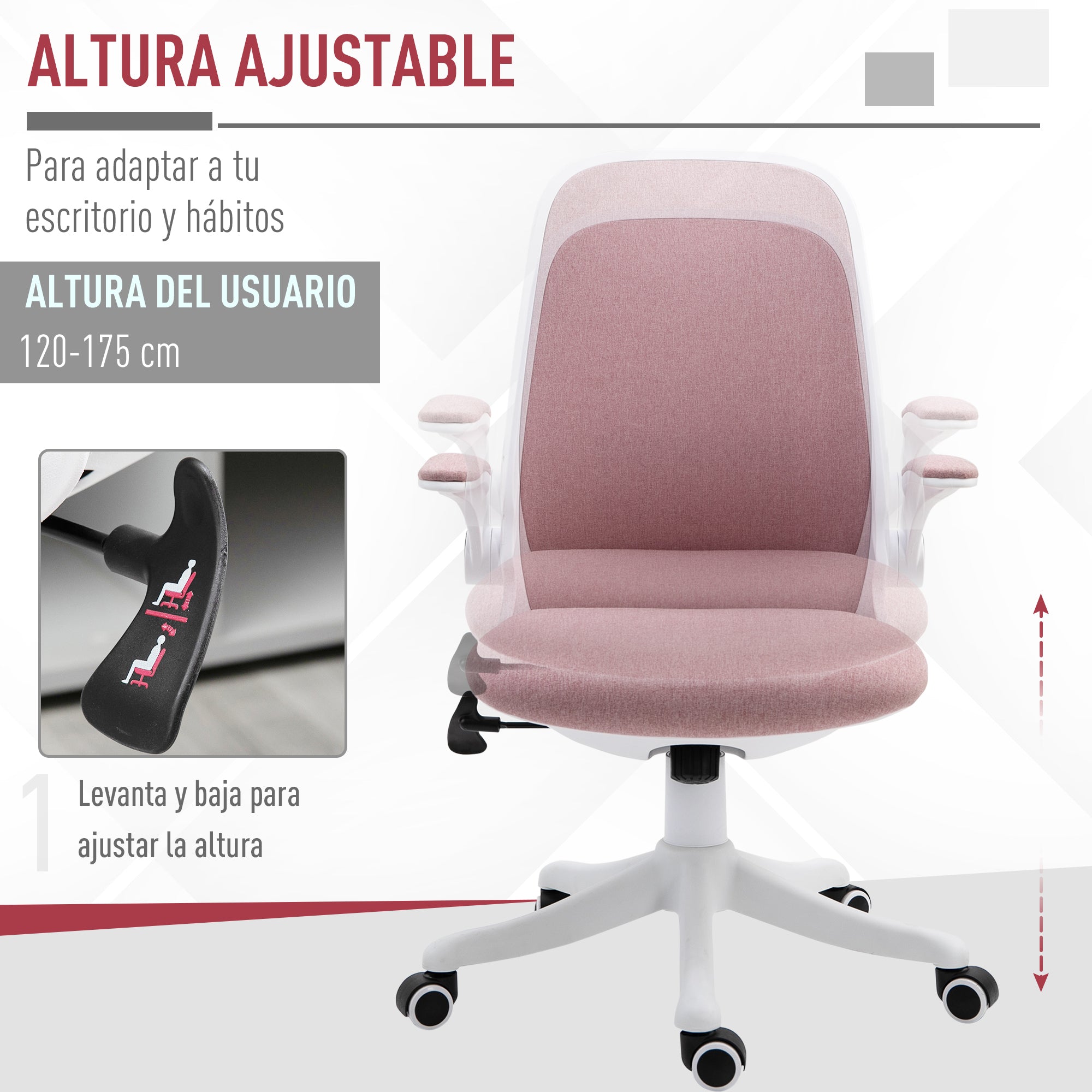 Cadeira de Escritório Ergonômica Rosa 62,5x60x94-104cm