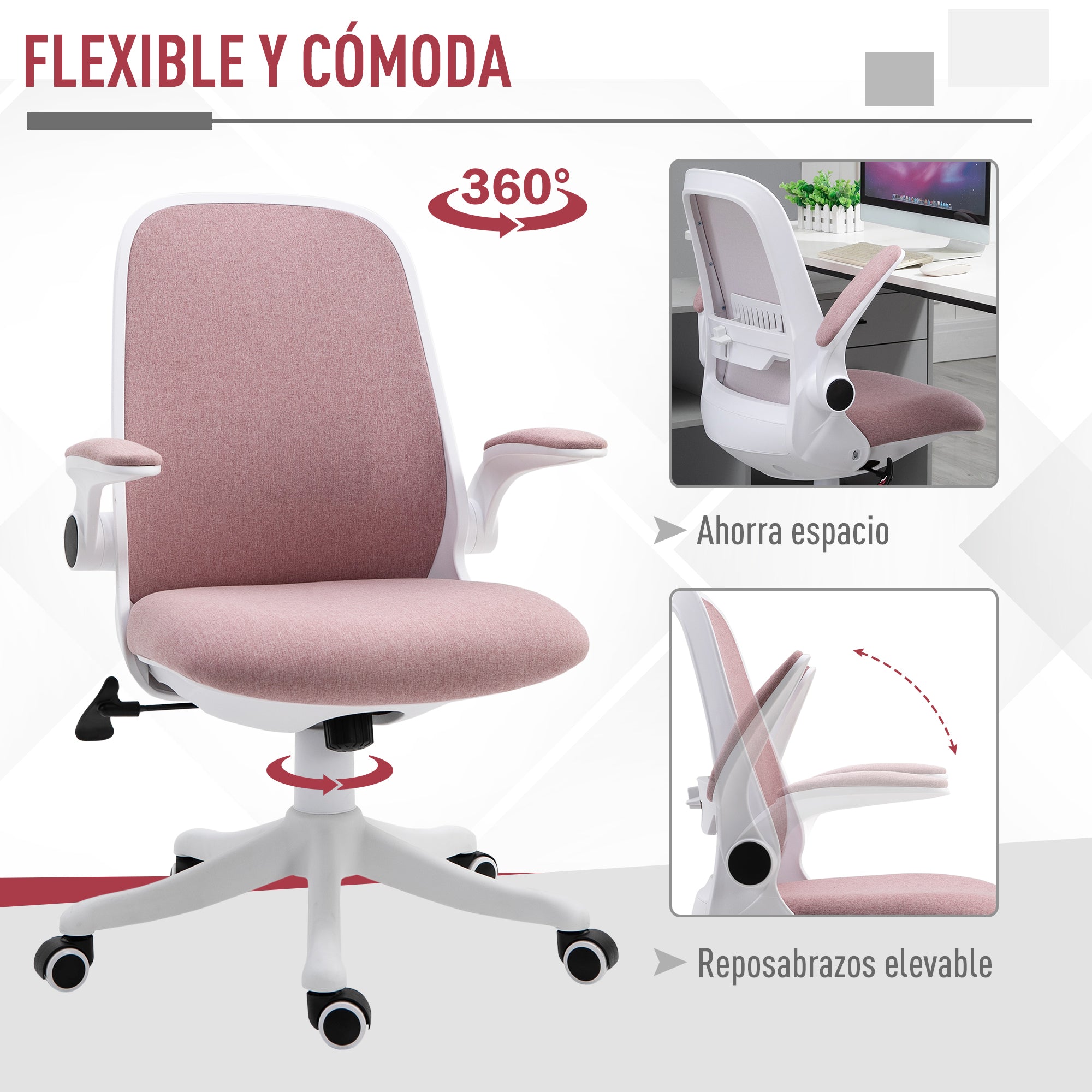 Cadeira de Escritório Ergonômica Rosa 62,5x60x94-104cm
