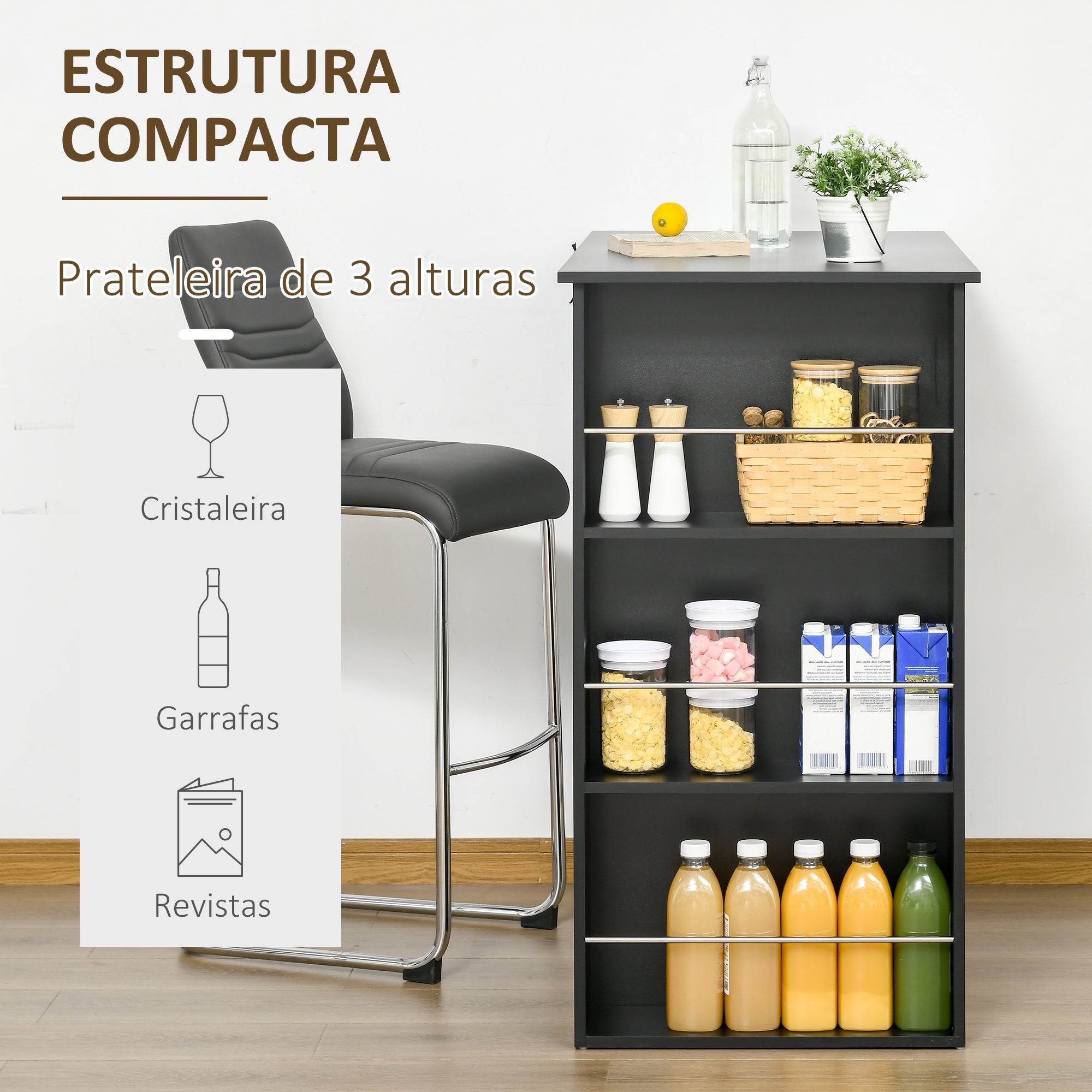 Mesa de Bar de Bistrô com 3 Prateleiras - 112x57x106cm - Preto