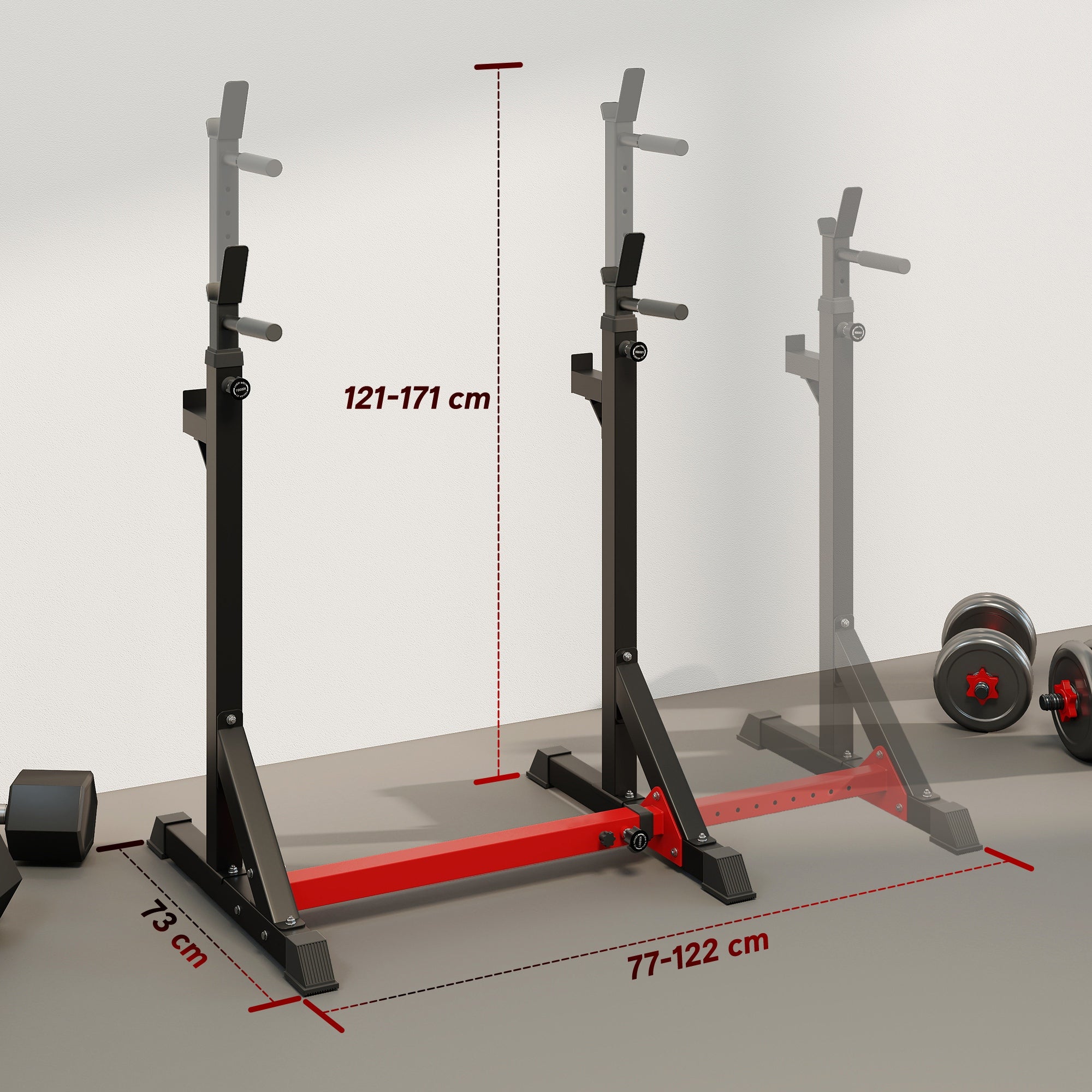 Suporte Ajustável para Barras de Peso - 122x73x171cm - Preto e Vermelho