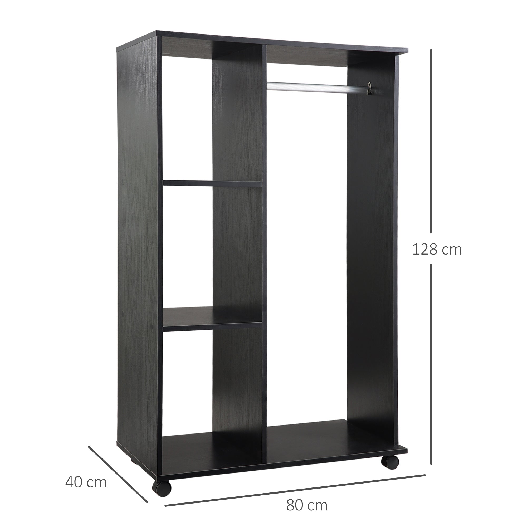 Roupeiro Aberto com Barra para Pendurar e 3 Prateleiras Organizadoras – 80x40x128 cm – Preto – Melamina