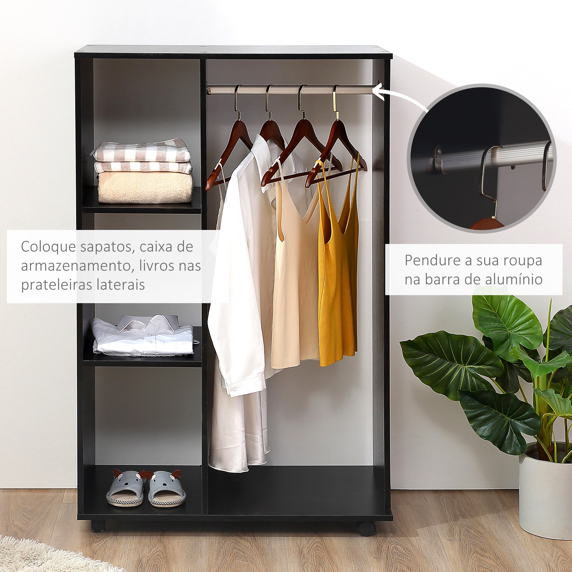 Roupeiro Aberto com Barra para Pendurar e 3 Prateleiras Organizadoras – 80x40x128 cm – Preto – Melamina