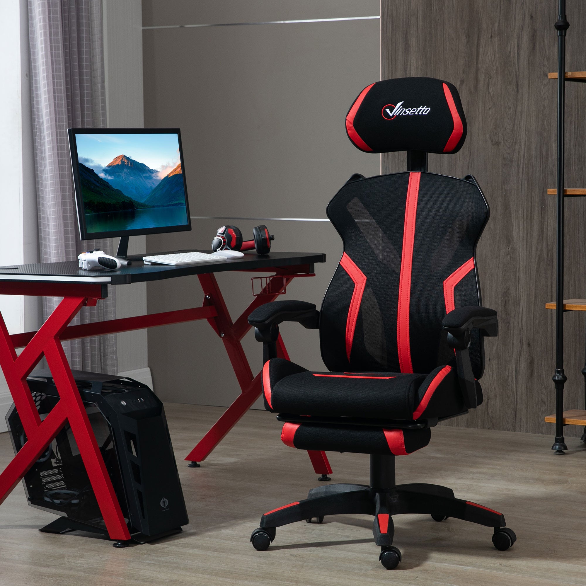 Cadeira de Gaming Ergonômica com Apoio para os Pés Retrátil - 65x65x129cm - Preto e Vermelho