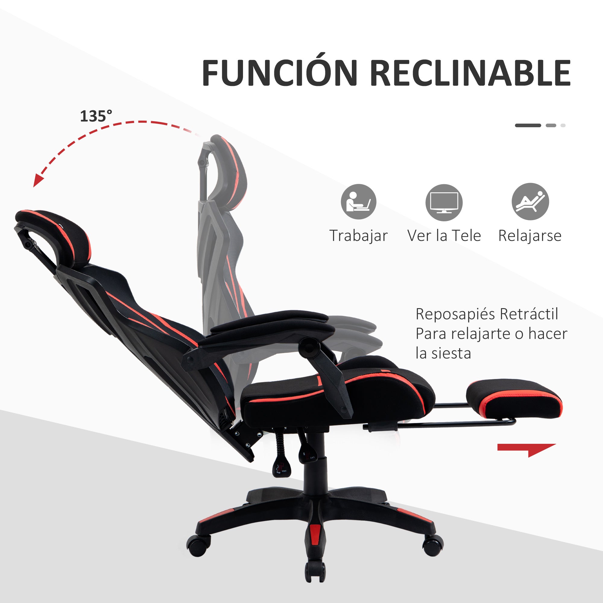 Cadeira de Gaming Ergonômica com Apoio para os Pés Retrátil - 65x65x129cm - Preto e Vermelho