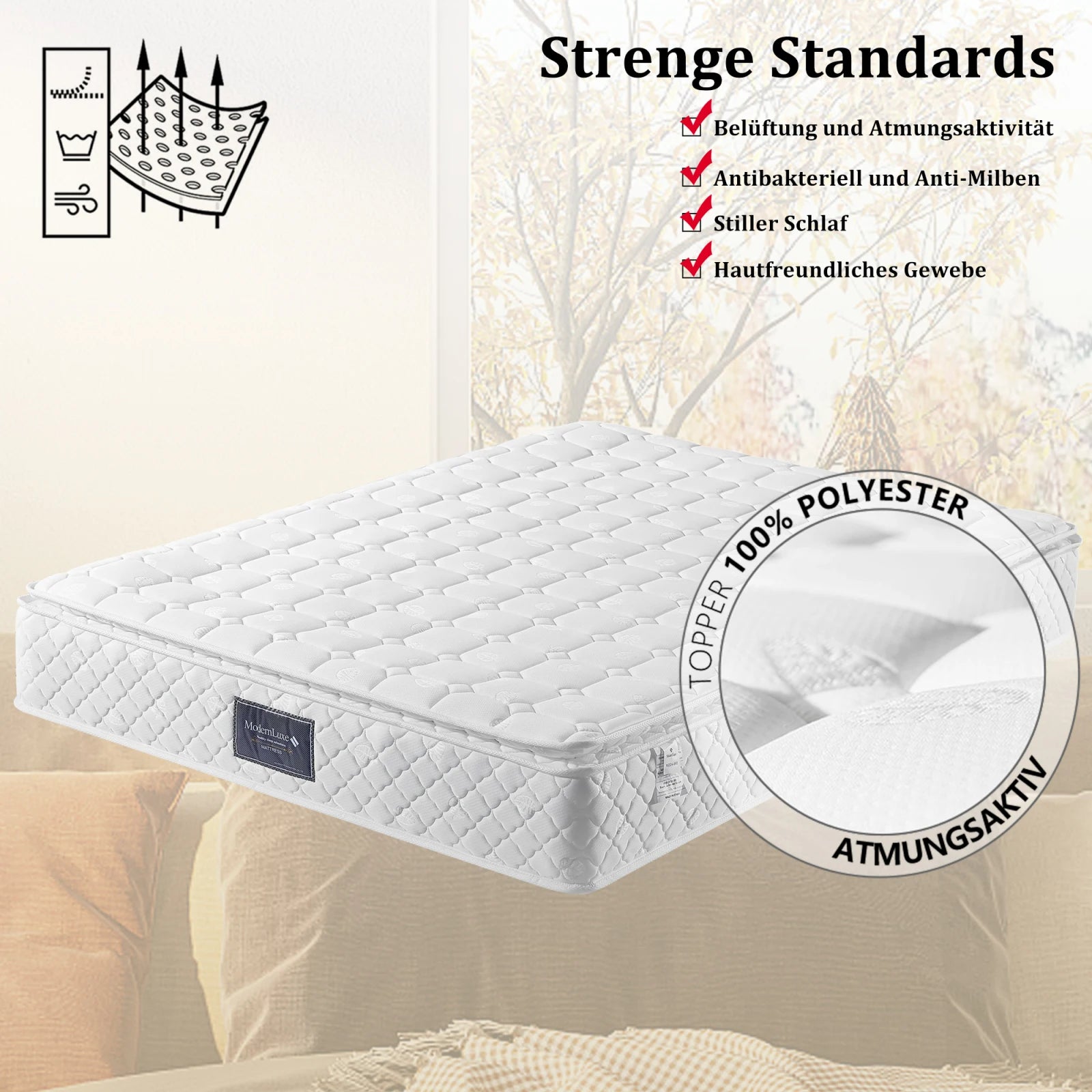 Colchão de Molas Ensacadas Rosahqnda – 160x200 cm – Certificado Oeko-Tex – 7 Zonas Ergonómicas – Altura 25 cm – Branco