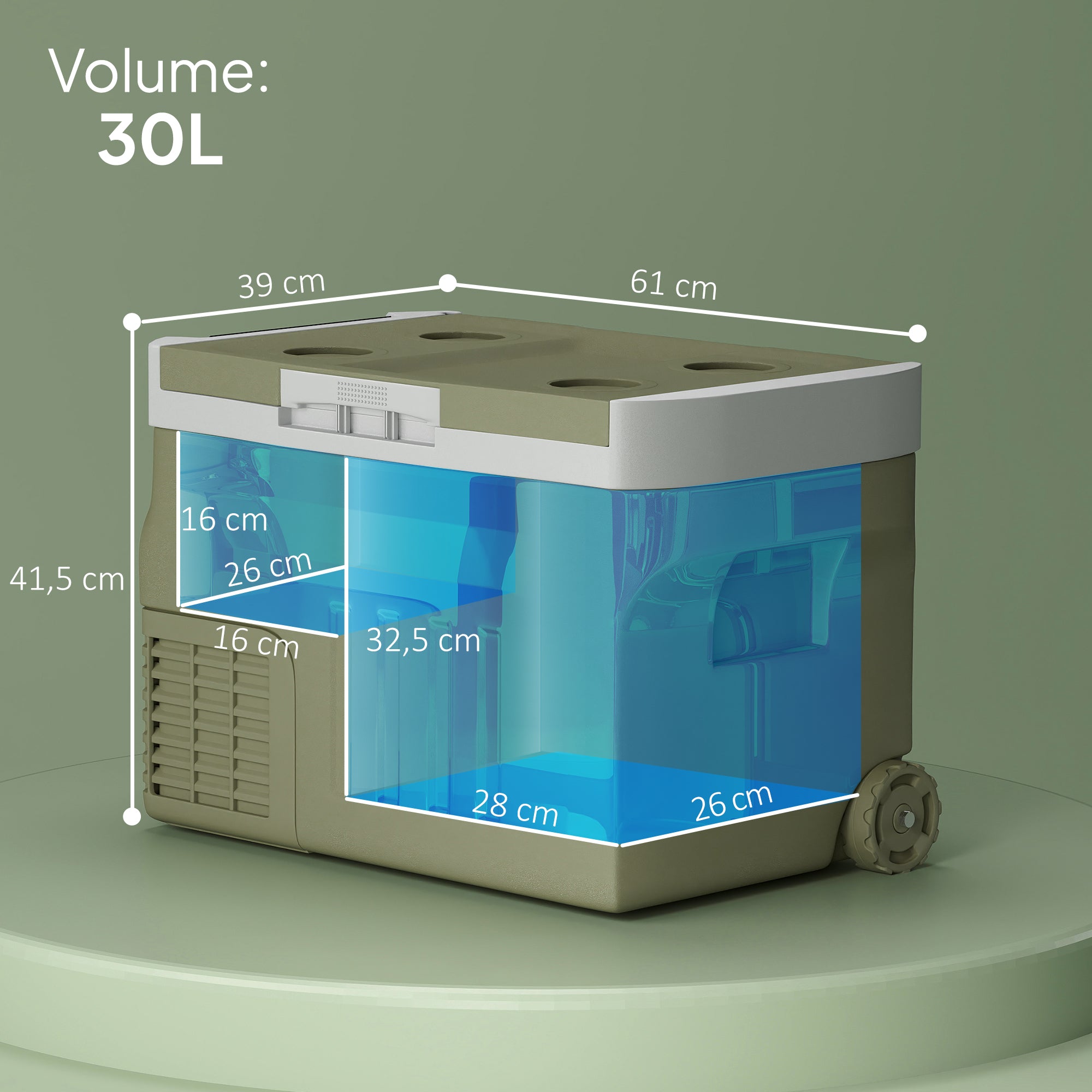 Geleira Portátil Elétrica 30L - Cinzento e Verde 61x39x41,5 cm