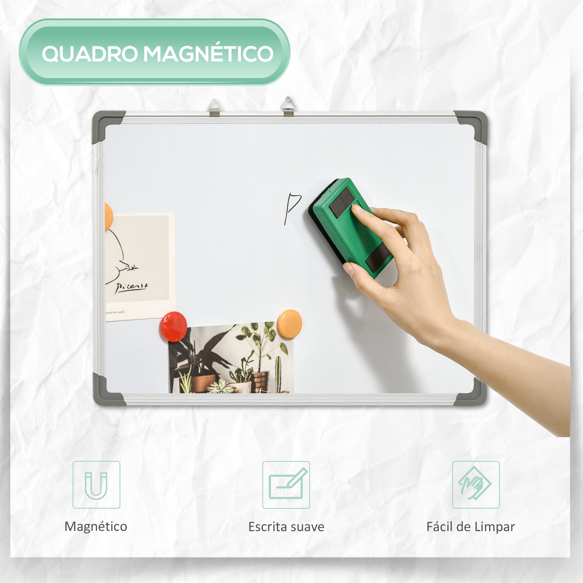 Quadro Magnético Branco 60x45cm com Estrutura de Liga de Alumínio