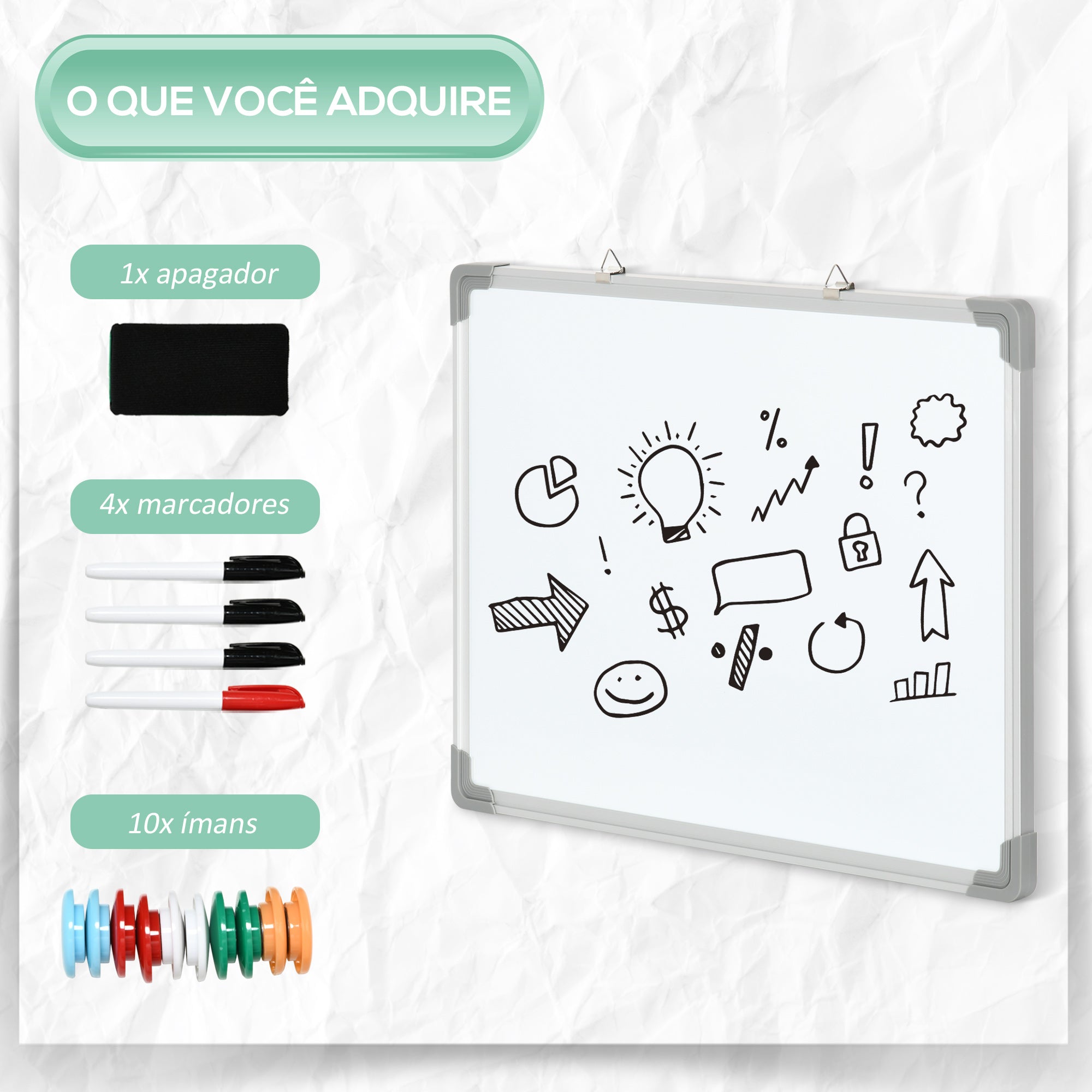 Quadro Magnético Branco 60x45cm com Estrutura de Liga de Alumínio
