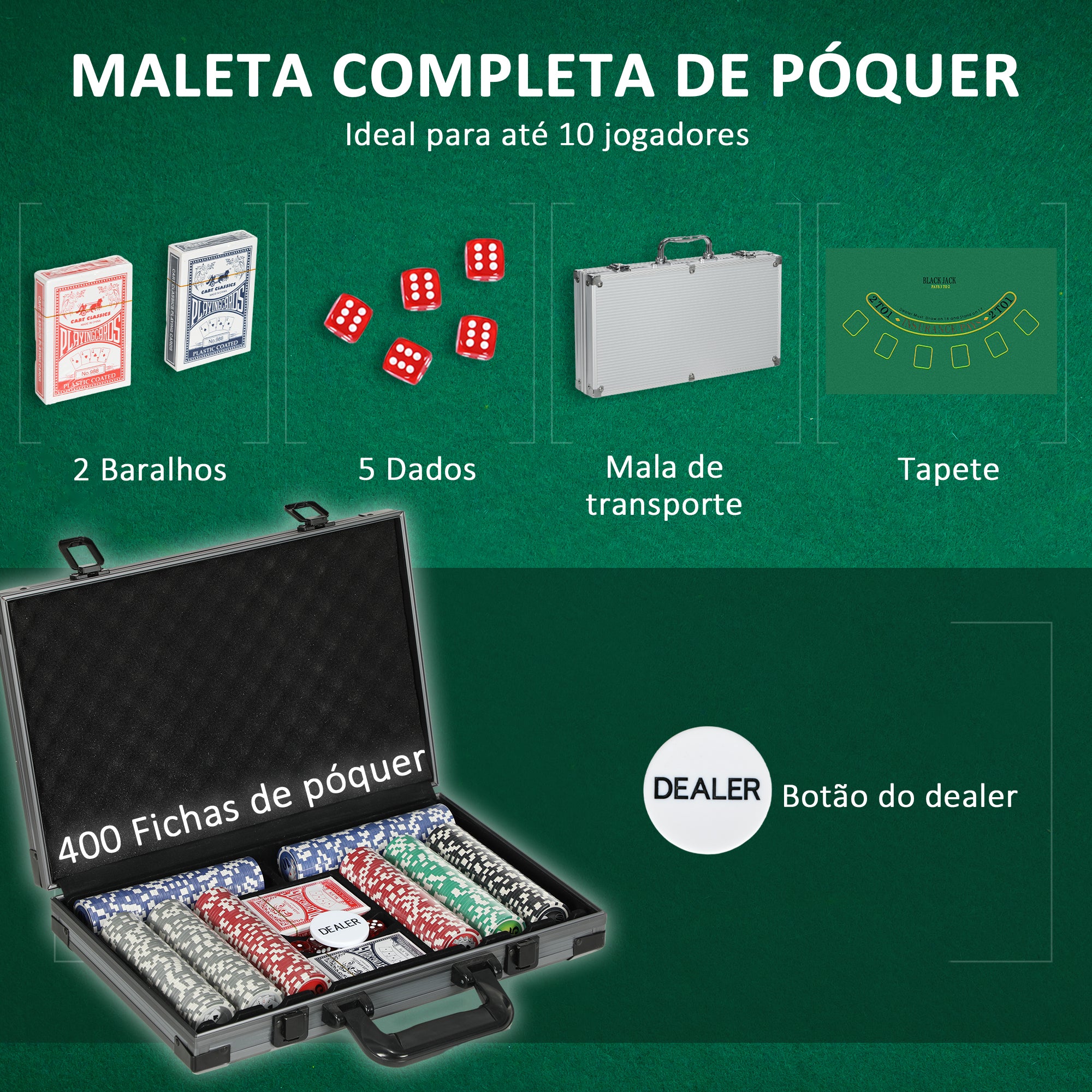 Mala de Póquer Completa 400 Fichas 2 Baralhos 5 Dados Tapete 39,5x28x8 cm Cinza