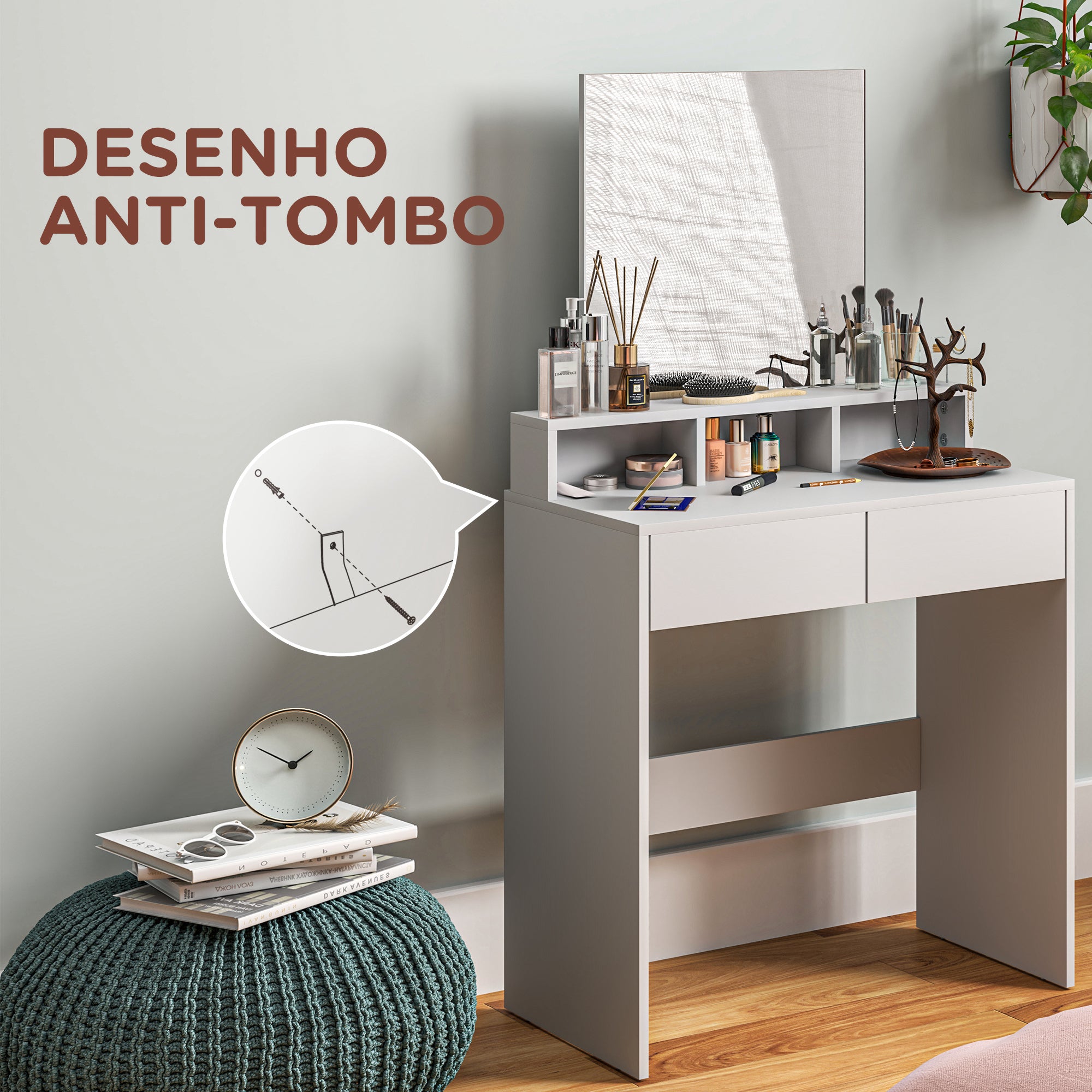 Toucador de Maquilhagem – 75x38x135 cm – Branco – Melamina e vidro