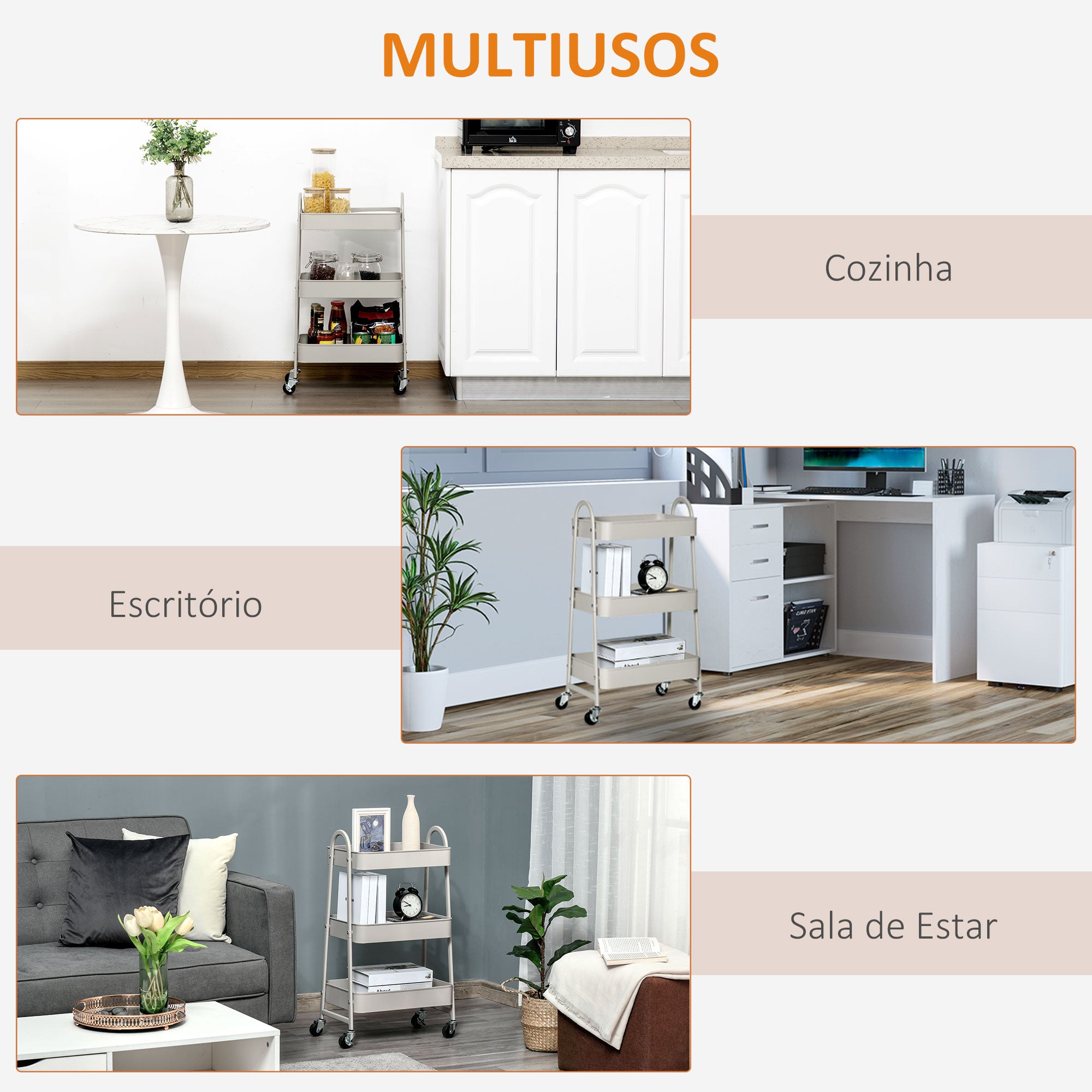 Carrinho de Cozinha com Rodas – 45x31x79,4cm – Cinza Claro – Aço